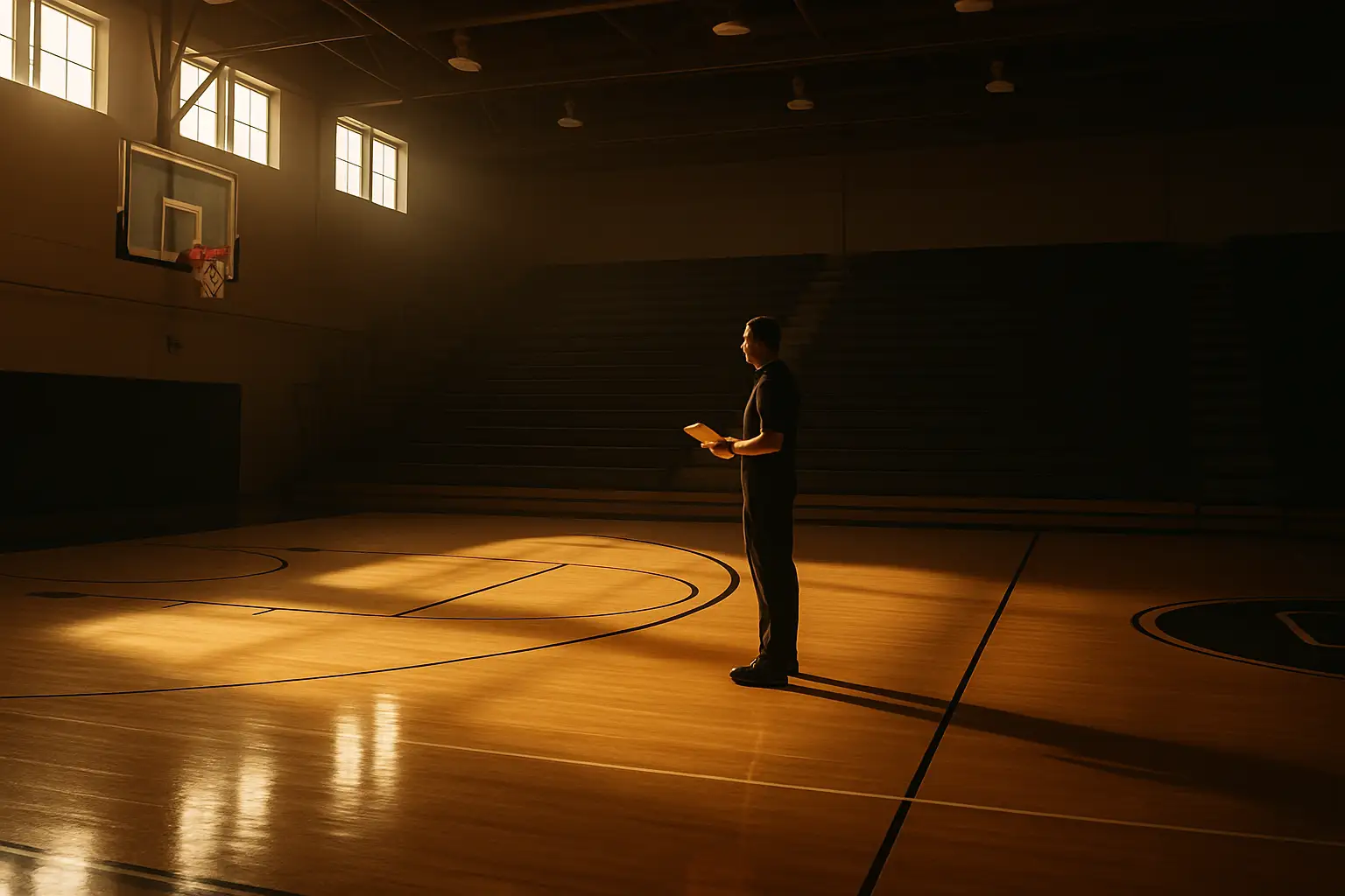 A college basketball coach addressing players on an empty court during an early morning practice session