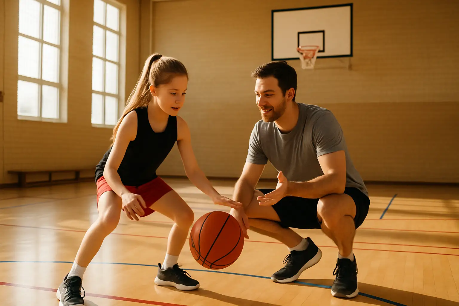 Young girl dribbling a basketball in a gym during a skills camp with a coach watching nearby