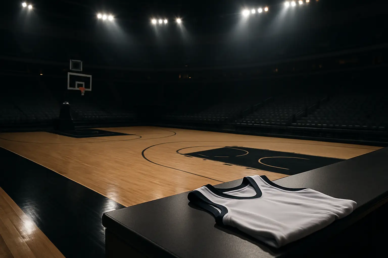 A basketball court with a lone jersey hanging near the hoop under arena lights