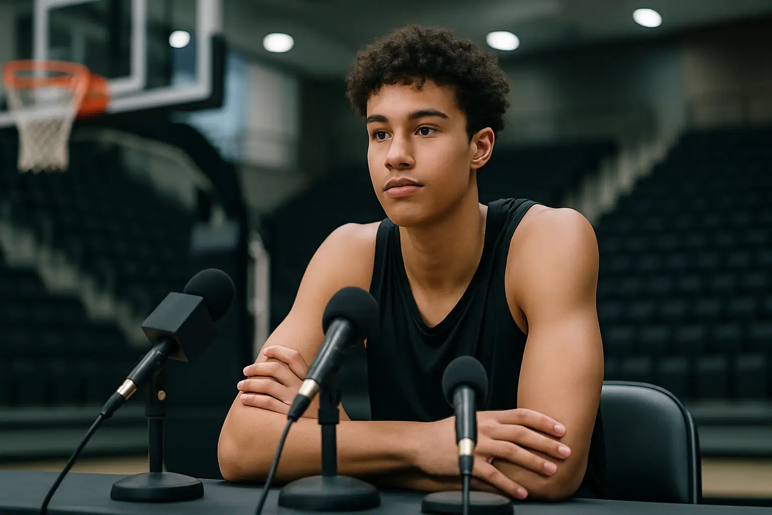 A college basketball player speaking at a preseason media podium inside a university athletic facility