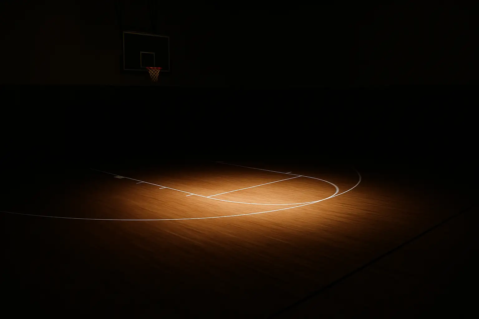 Basketball court with a single spotlight illuminating an empty spot near the three-point line, symbolizing loss