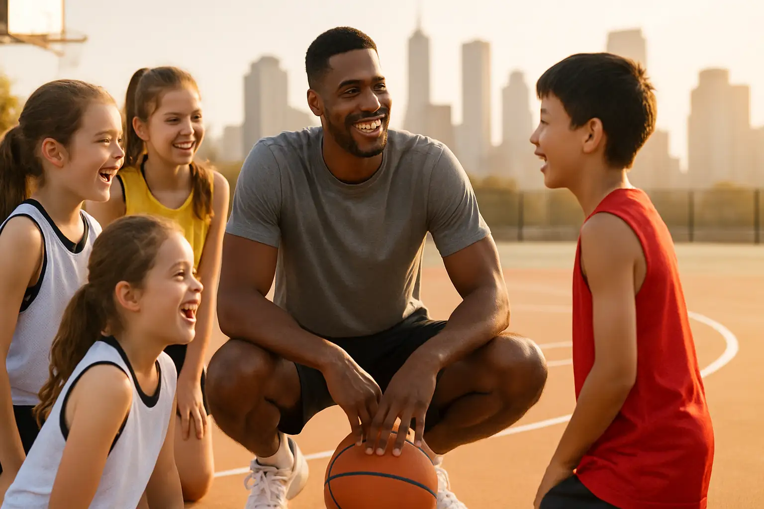 NBA player coaching young basketball players on an outdoor city court