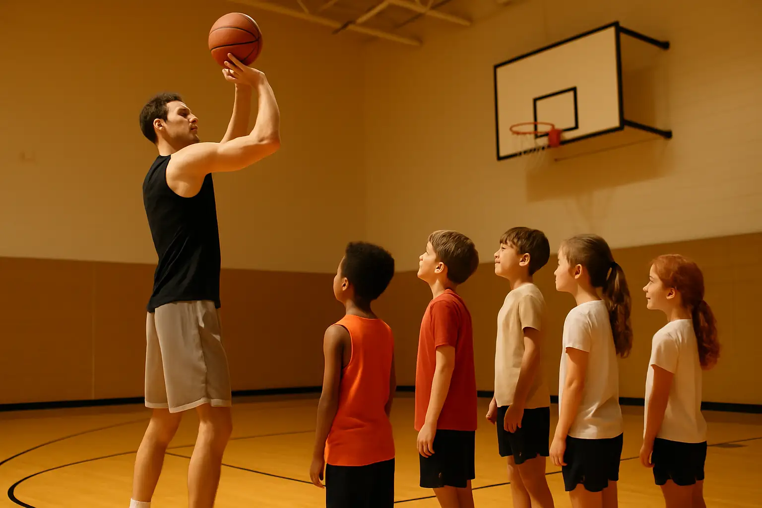 NBA player hosting a youth basketball camp on an indoor court with young players