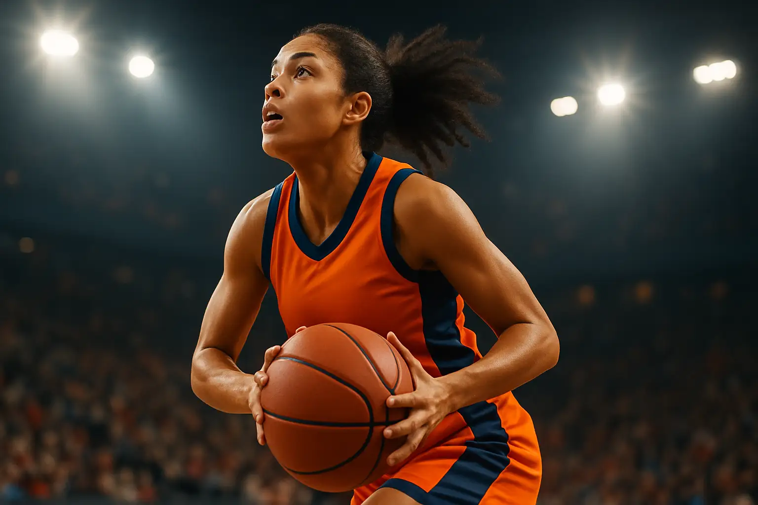 A female basketball player driving to the basket in a packed arena during a WNBA game