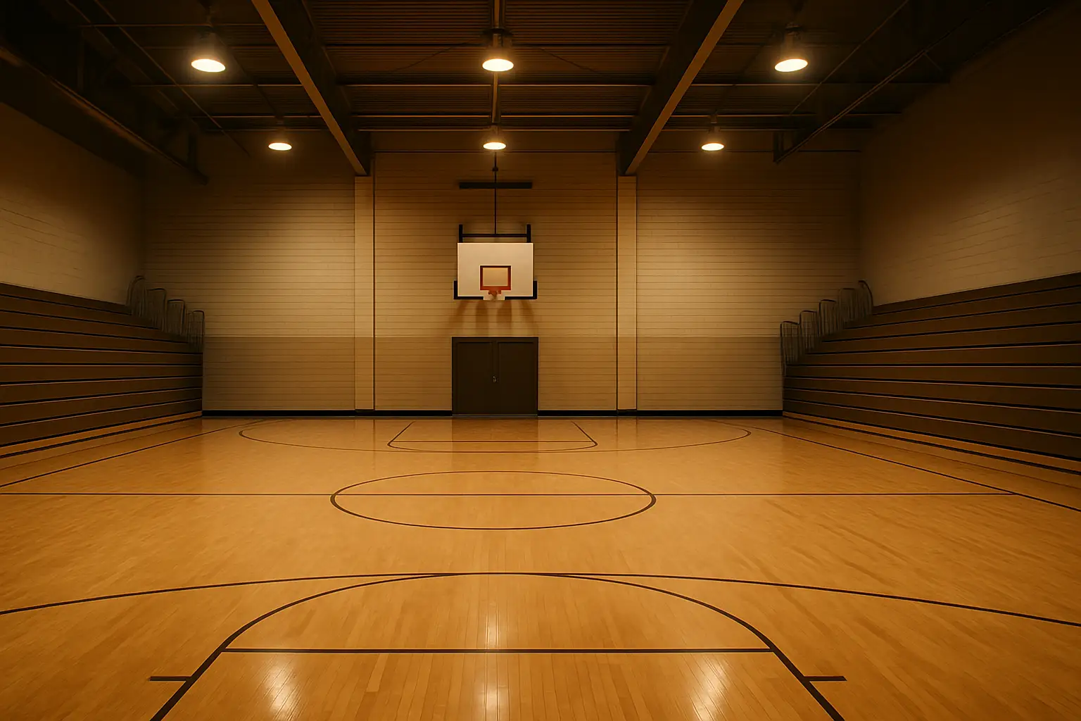An empty high school basketball court with overhead lights illuminating the hardwood floor