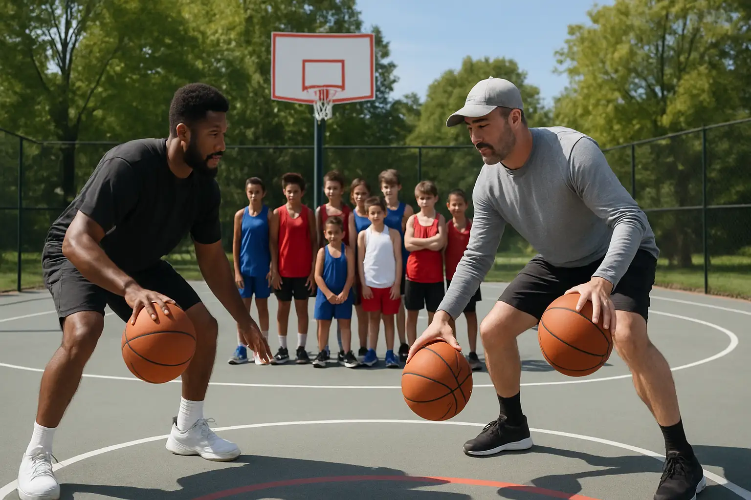 Two basketball players coaching youth athletes on an outdoor court during a community camp