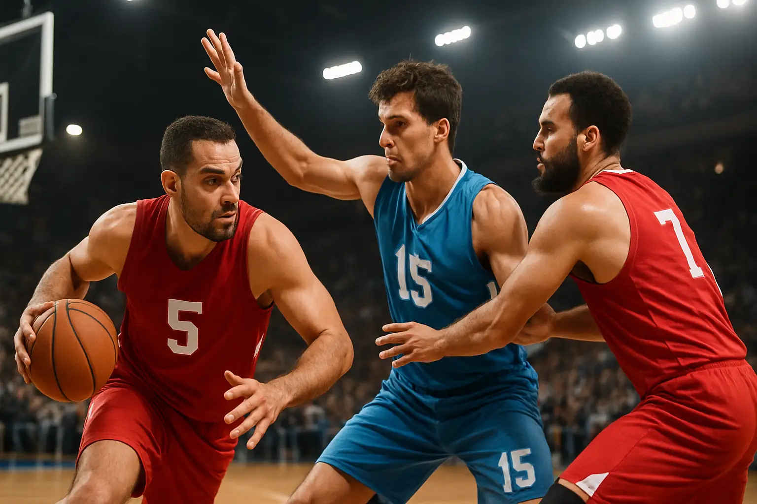 Basketball players in alumni uniforms competing in a summer tournament game