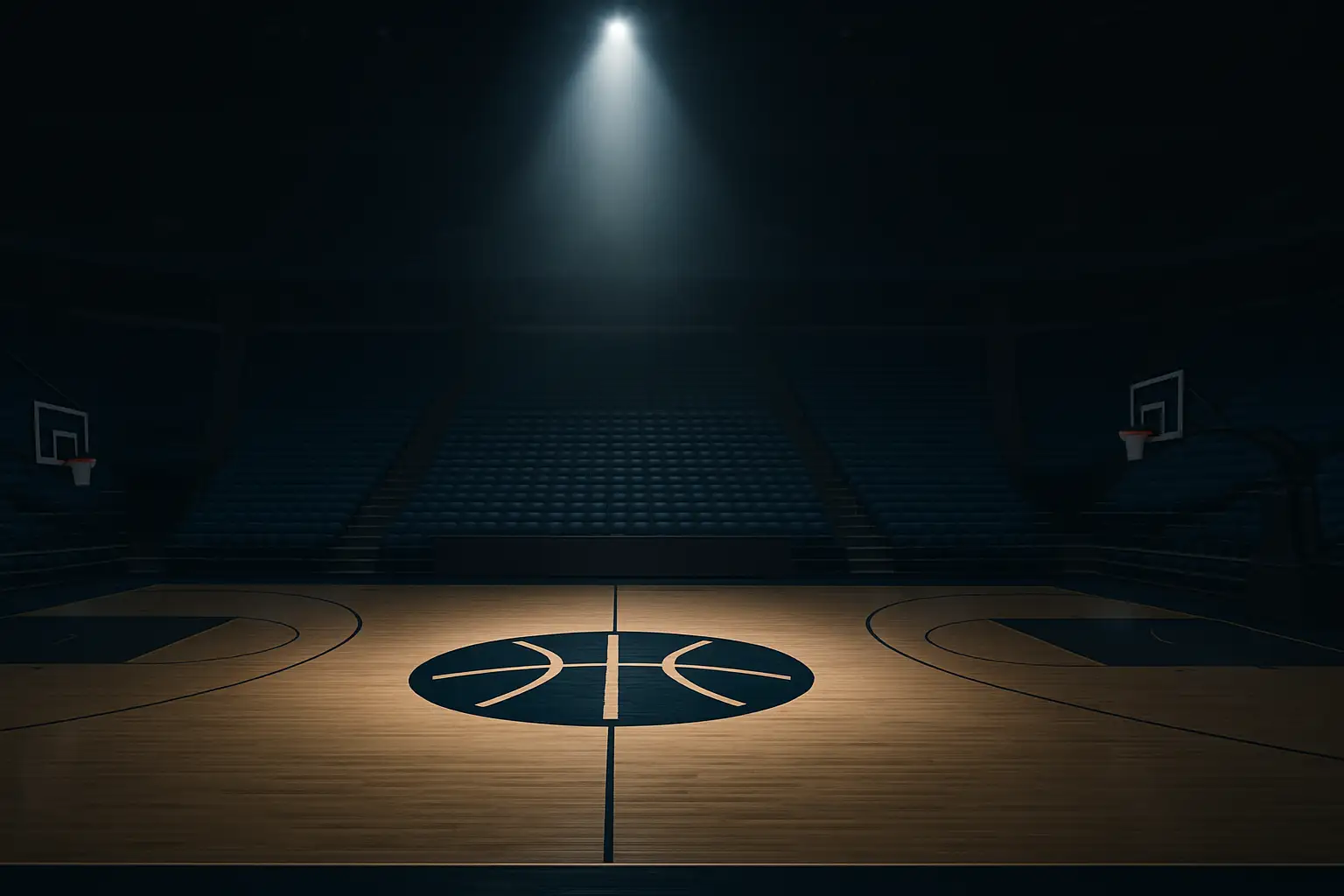 A basketball court inside a large college arena with empty seats and a spotlight on the hardwood floor
