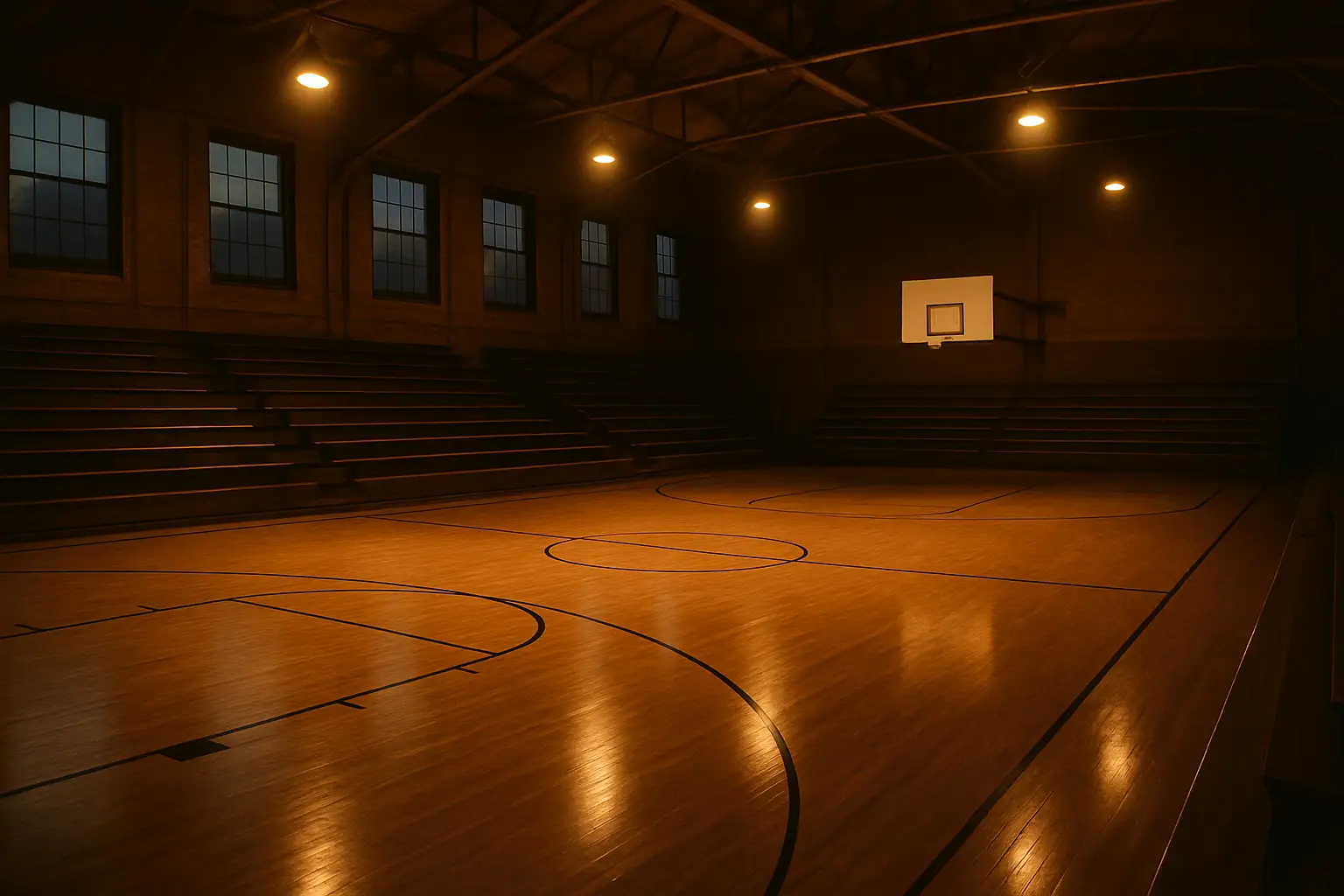 Empty college basketball arena with court lights shining down on the hardwood floor