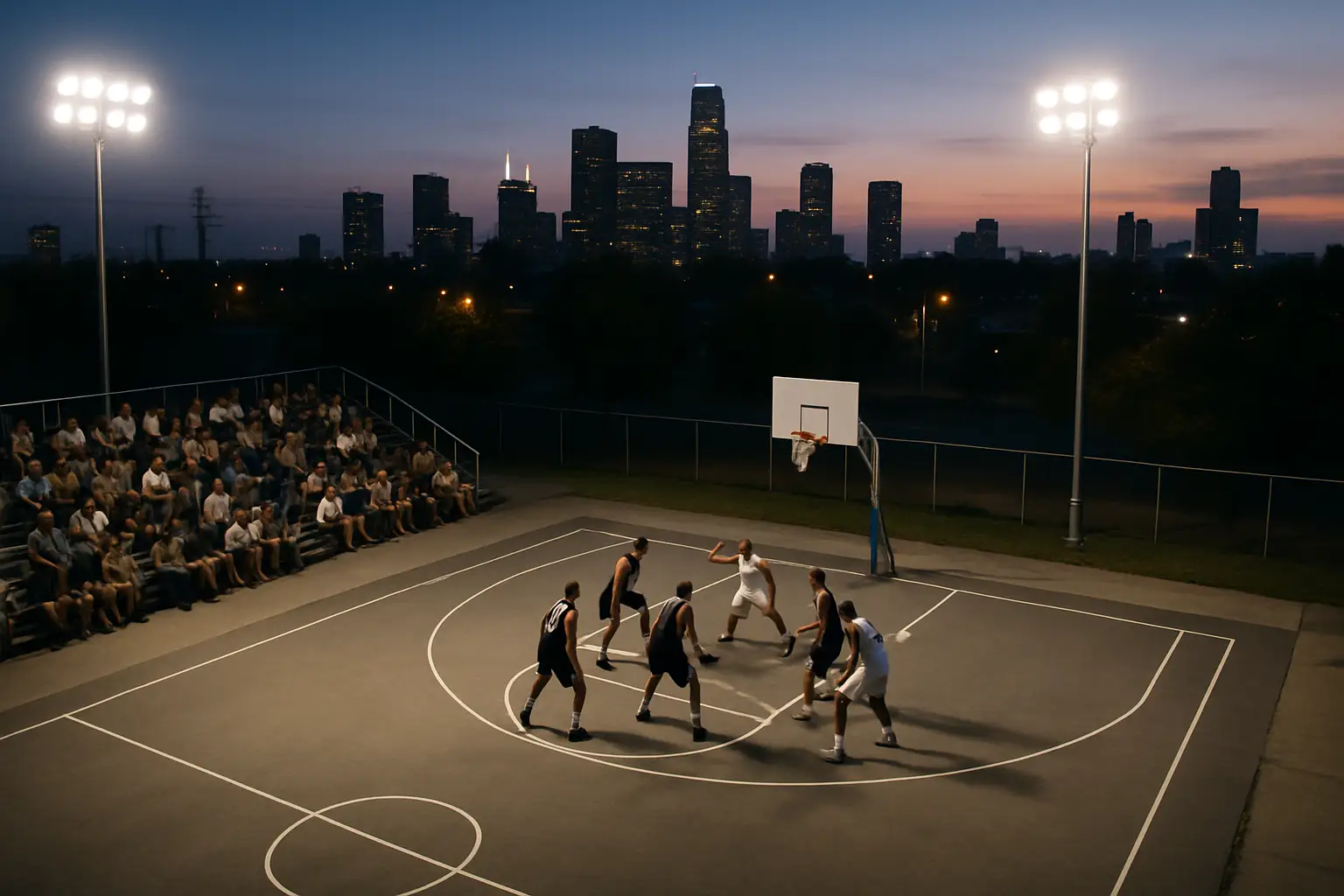 Basketball player dribbling on an outdoor half-court during a 3x3 tournament with a crowd watching