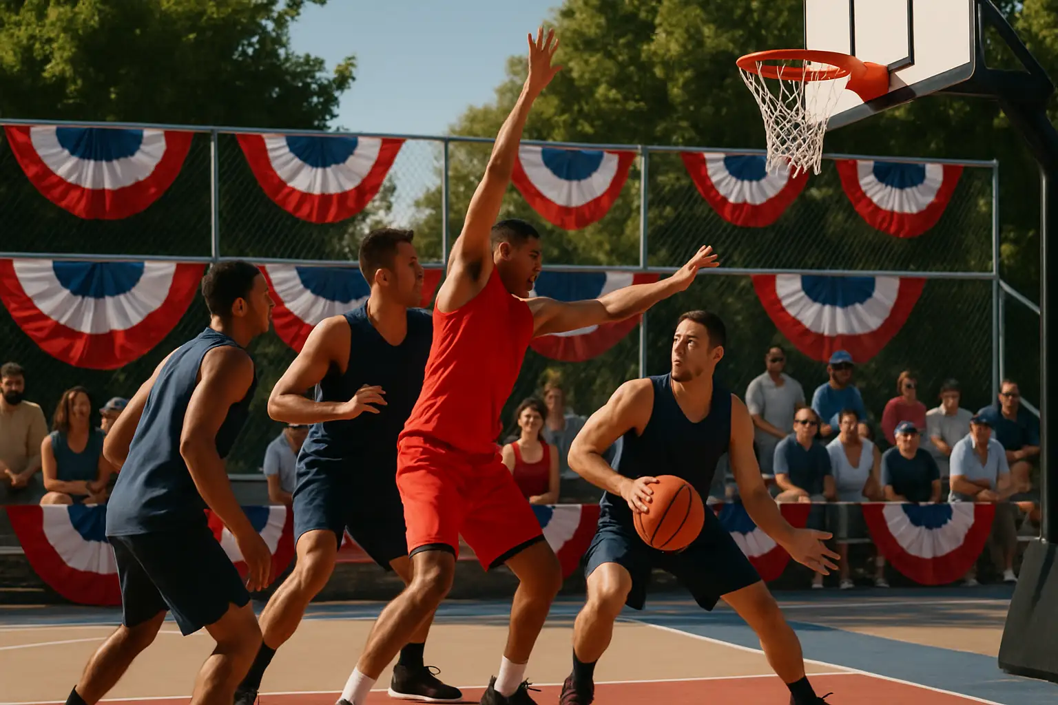 A basketball court set up for a 3x3 charity tournament with fans watching from the sidelines