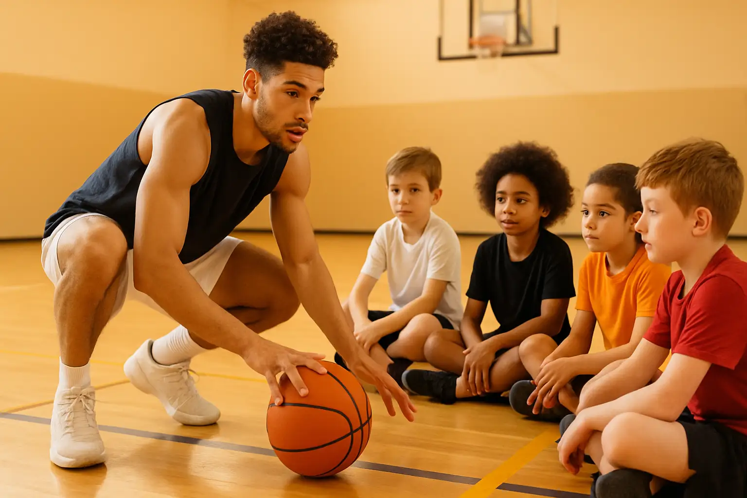 NBA player running a youth basketball camp drill with kids on an indoor court