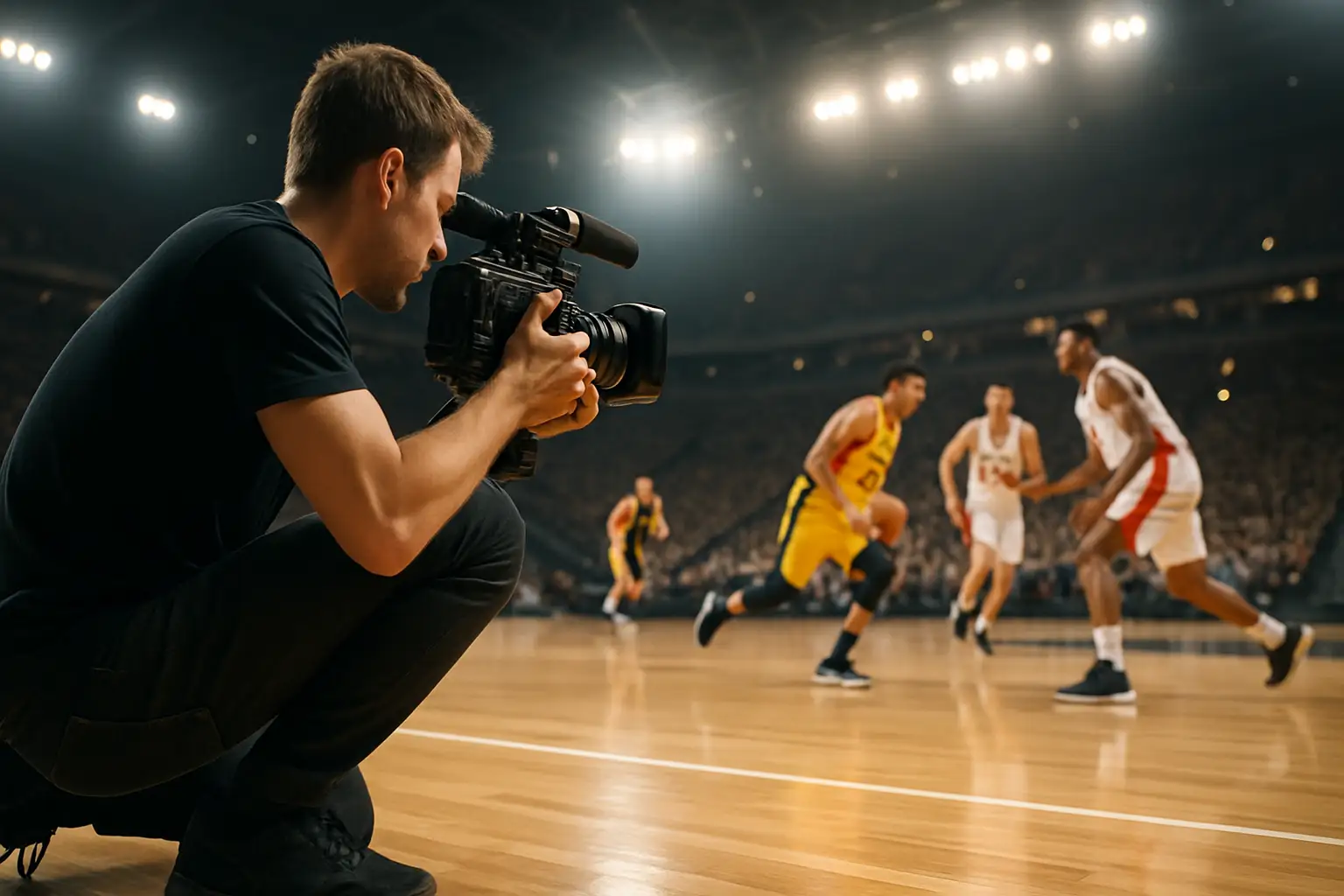 A young man filming a basketball game courtside with a professional camera