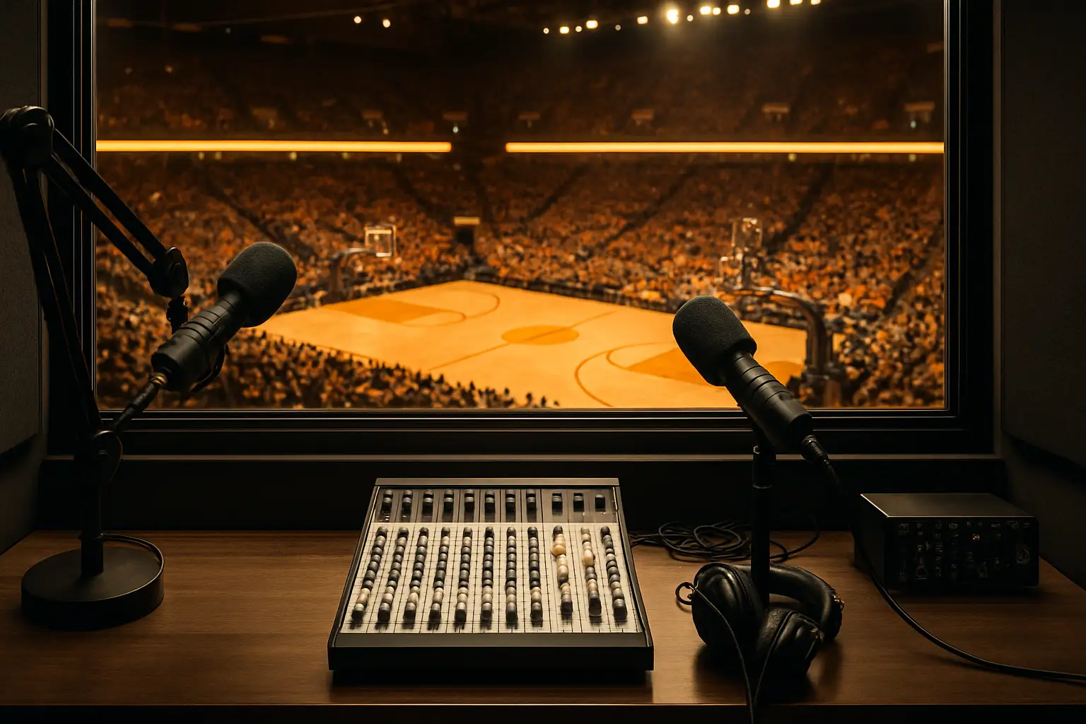 A radio broadcast booth overlooking a college basketball court with the crowd in the background