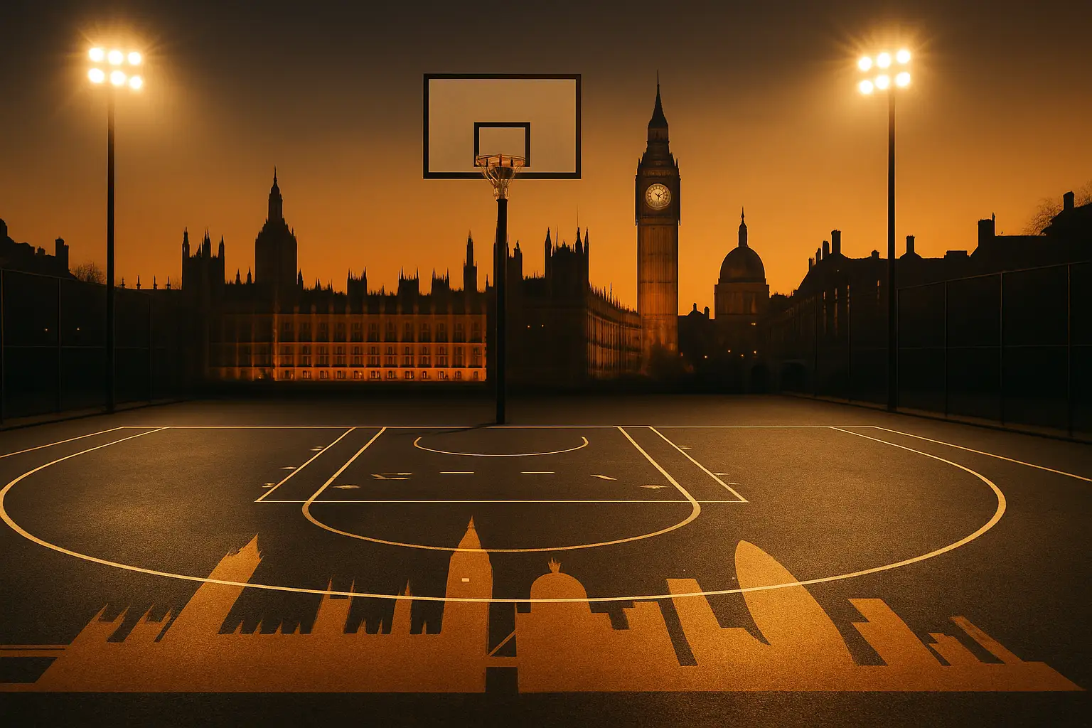 Basketball player silhouette against a London cityscape backdrop at dusk