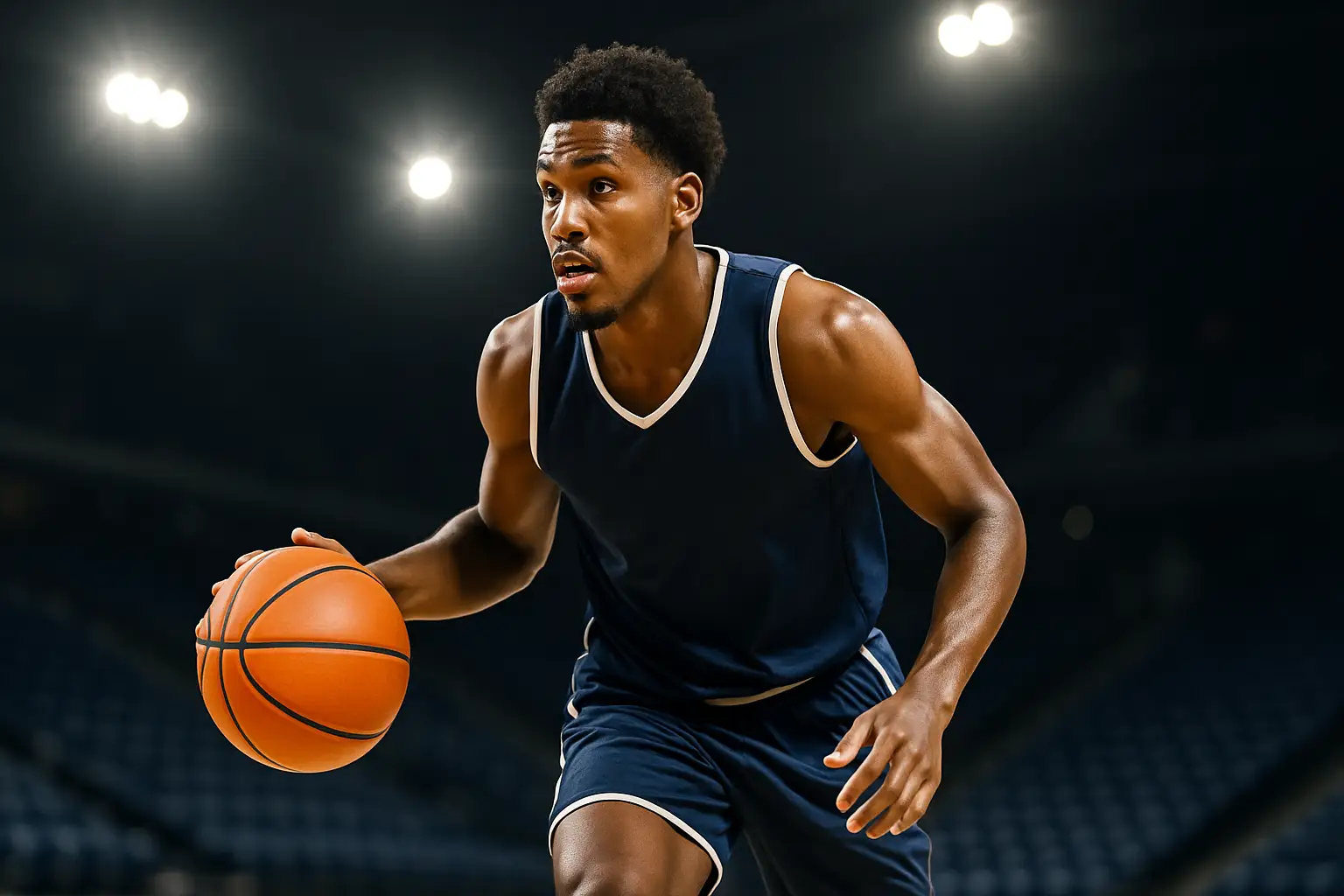 Auburn basketball player dribbling on an indoor court under arena lights