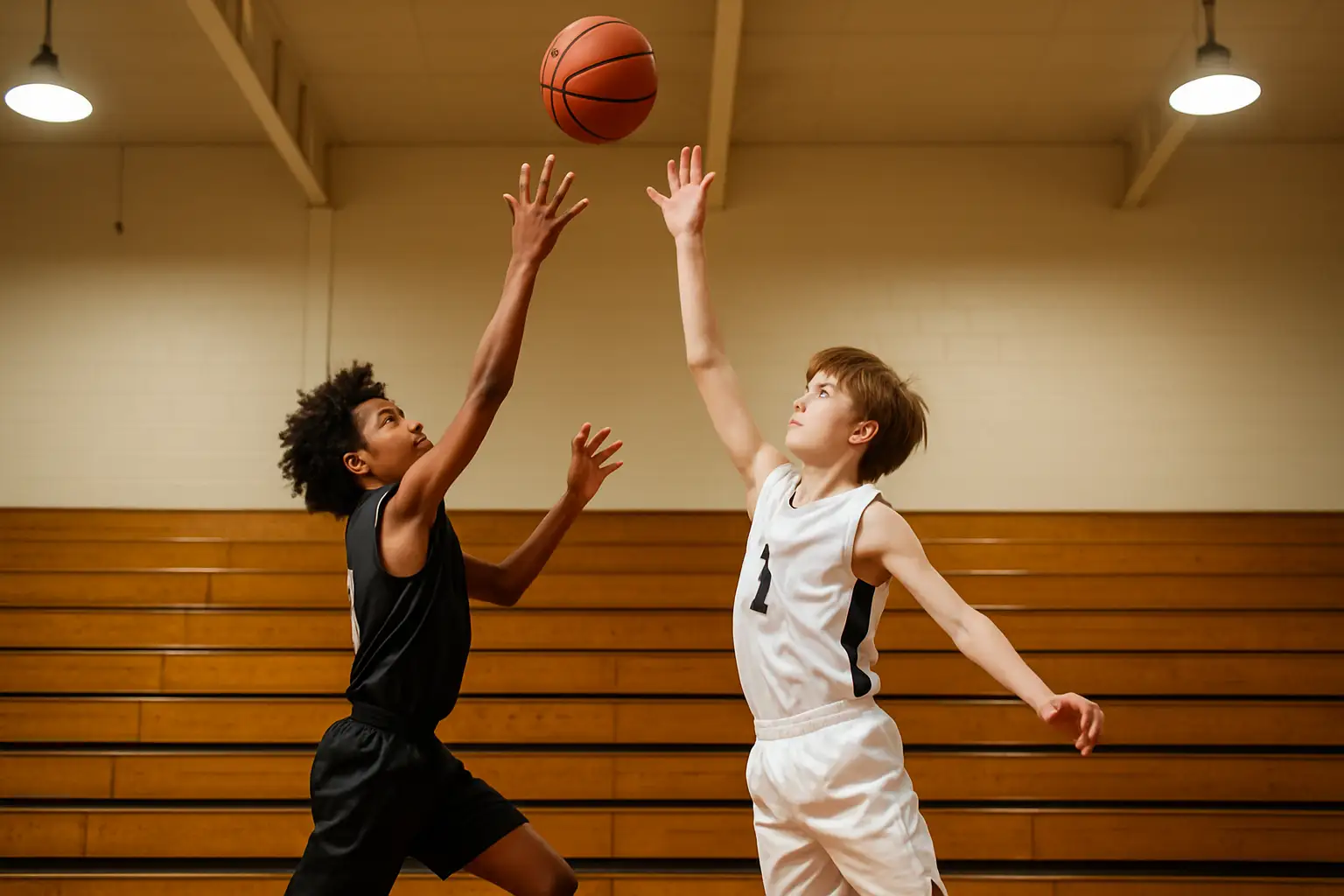 Two high school basketball players competing for the ball during a Texas prep game