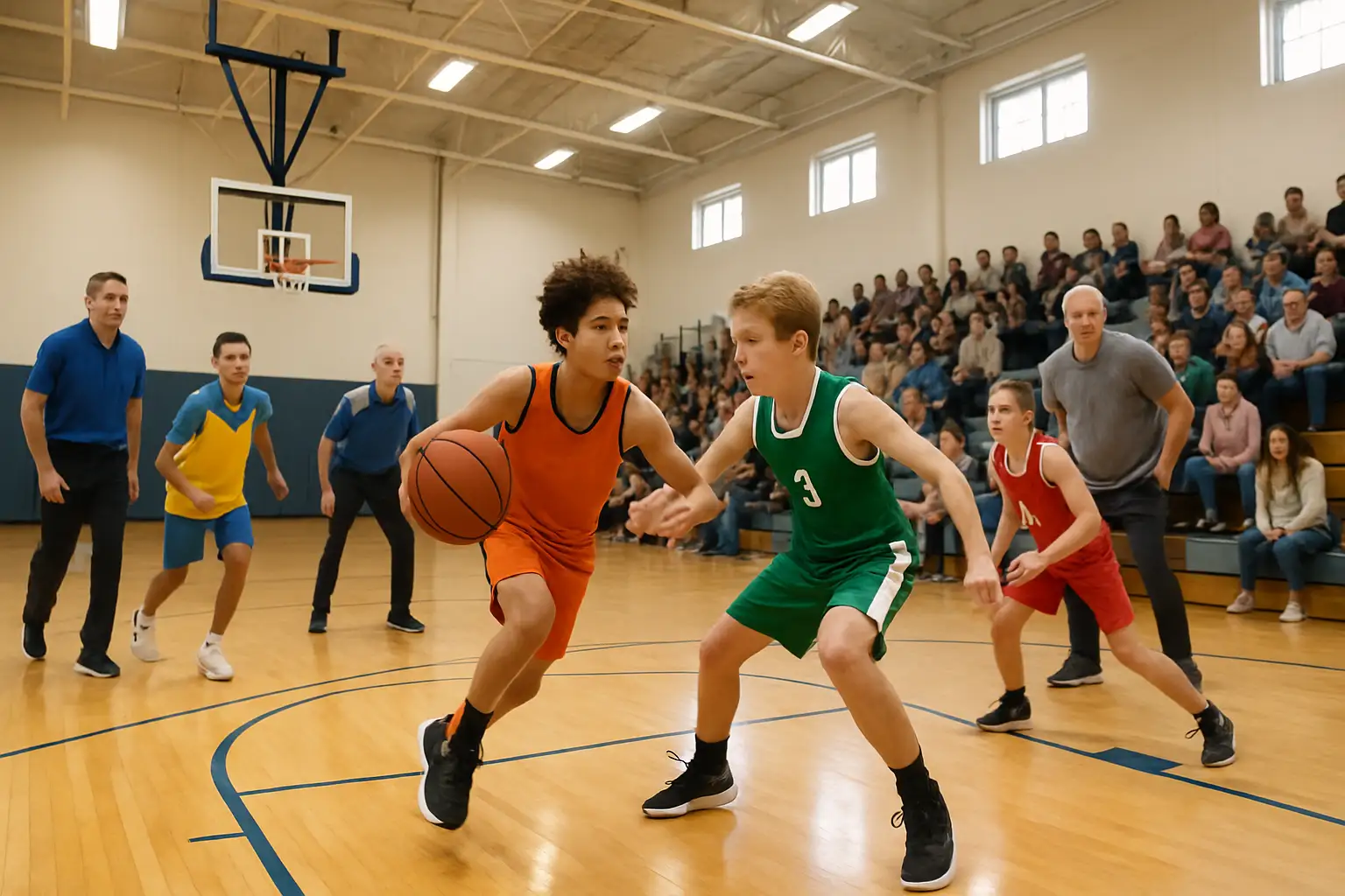 Young basketball players competing in a youth invitational tournament on an indoor court