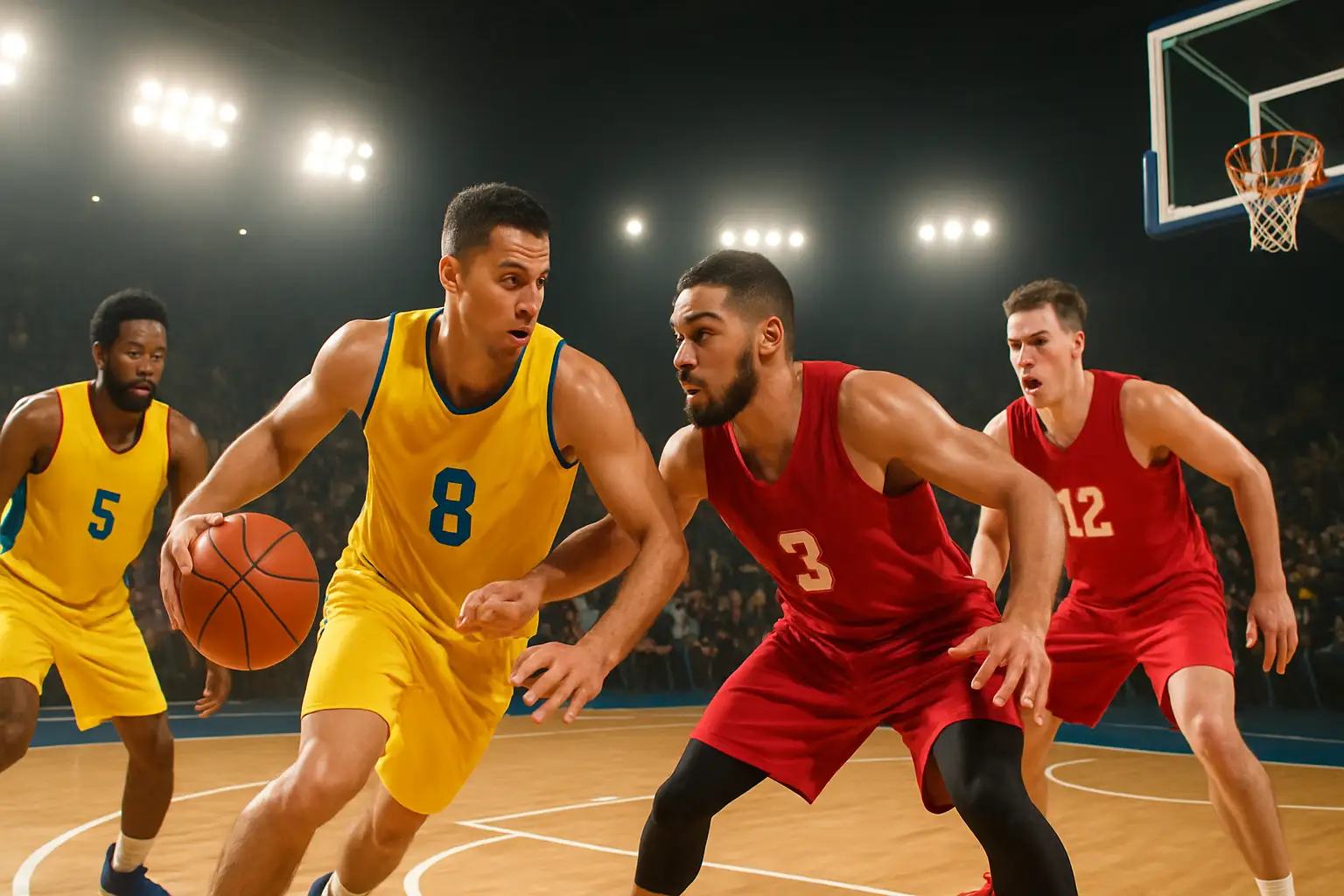 Two basketball players competing for the ball during a summer tournament game in an indoor arena