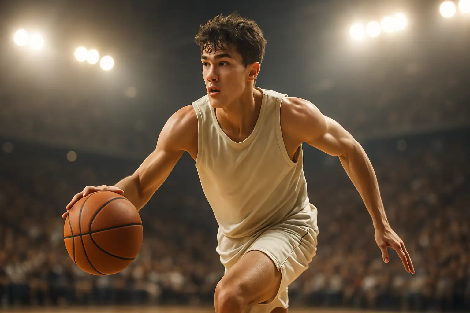 A young basketball player driving to the basket during an NBA Summer League game in a packed arena