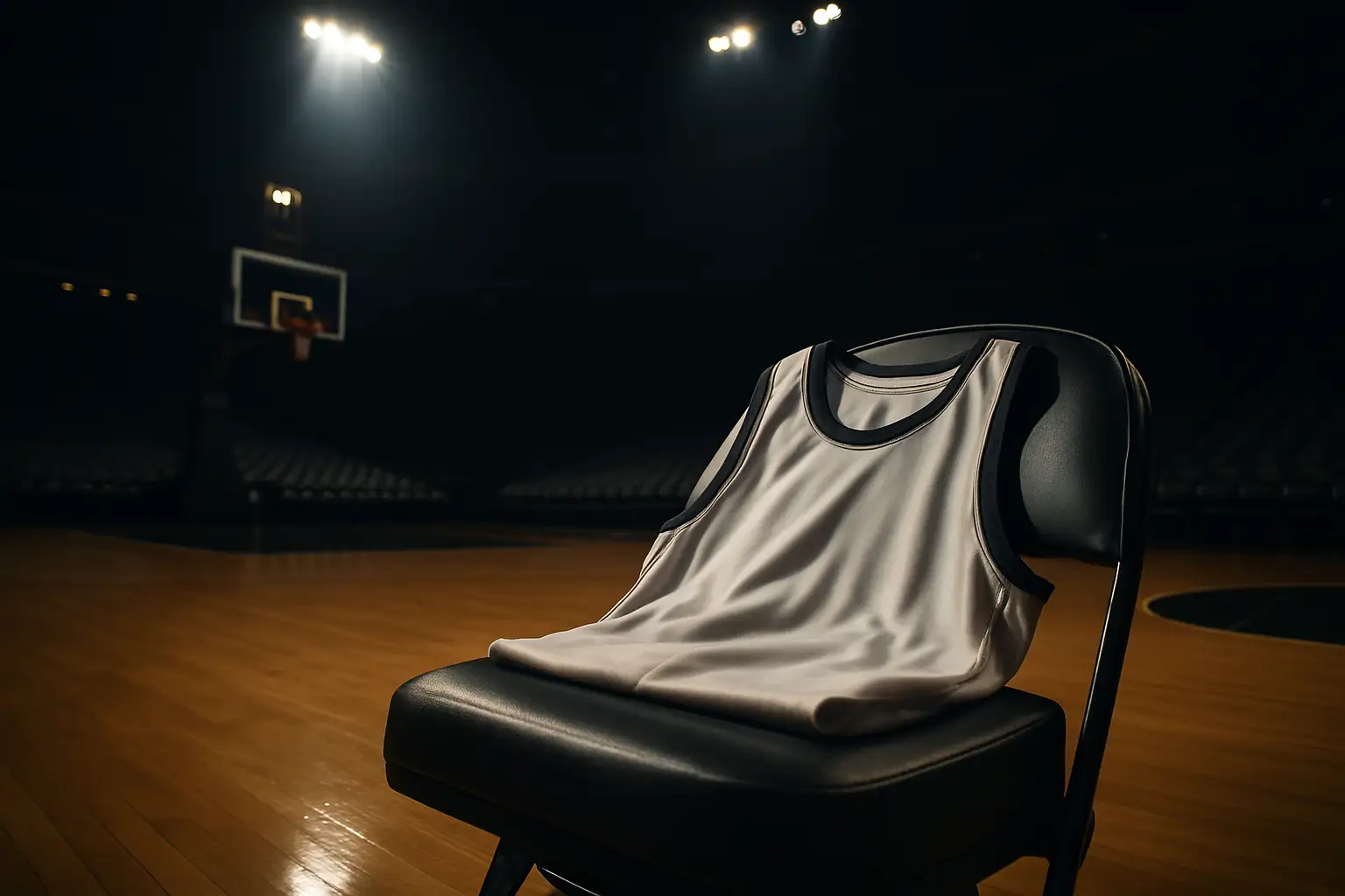 A basketball court in Philadelphia with an empty jersey hanging near the locker room tunnel under arena lights