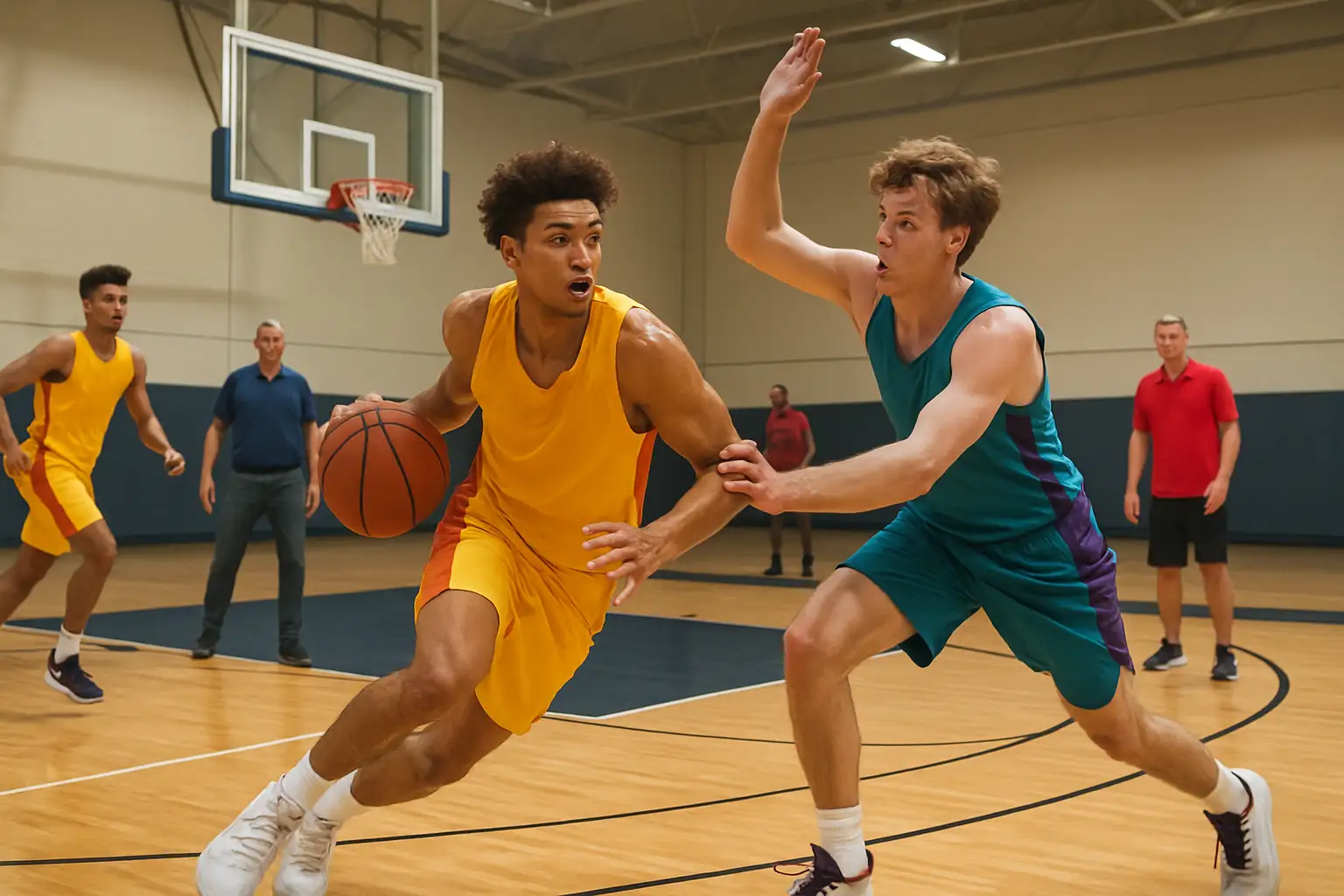 High school basketball players competing in a summer league game on an indoor court
