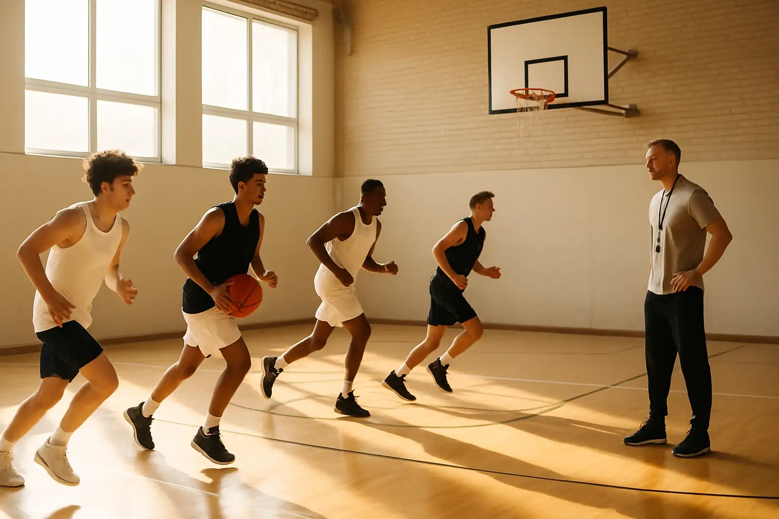 Young basketball players practicing on an outdoor court during offseason training