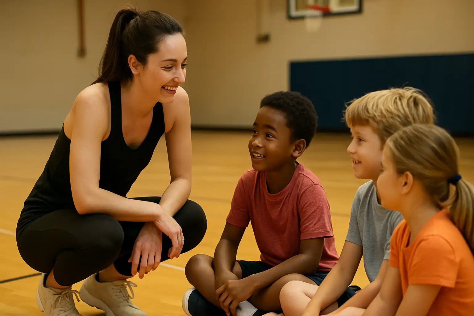 A female basketball player kneeling on a gym court talking with young campers during a youth basketball session
