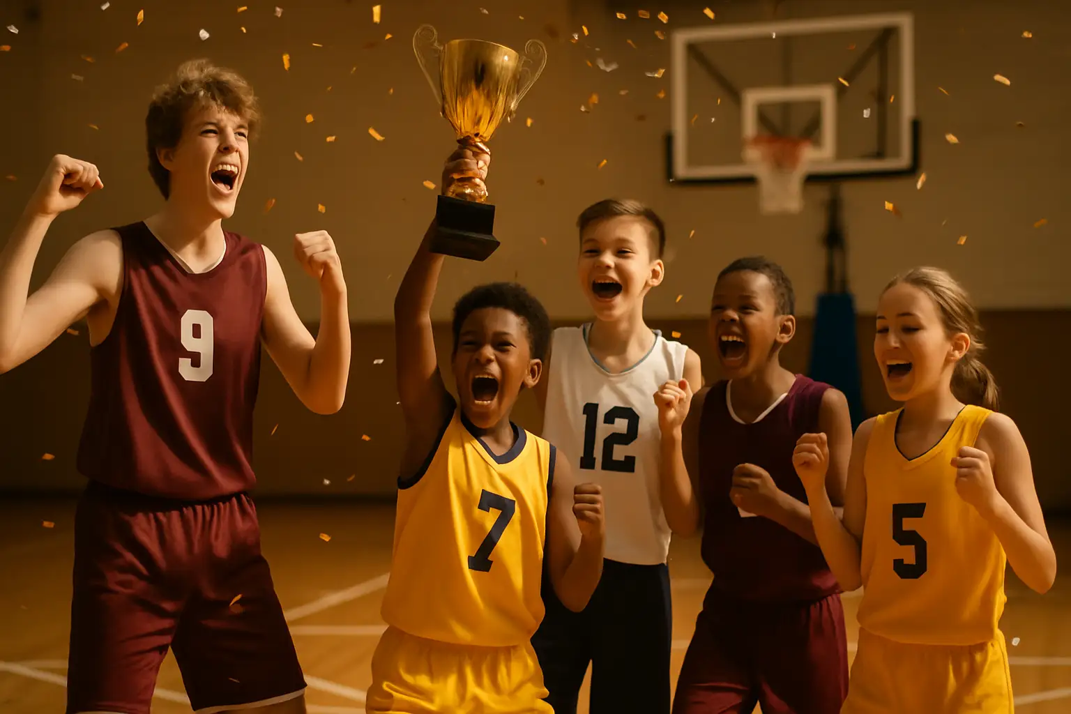 Youth basketball players celebrating a championship win on an indoor court