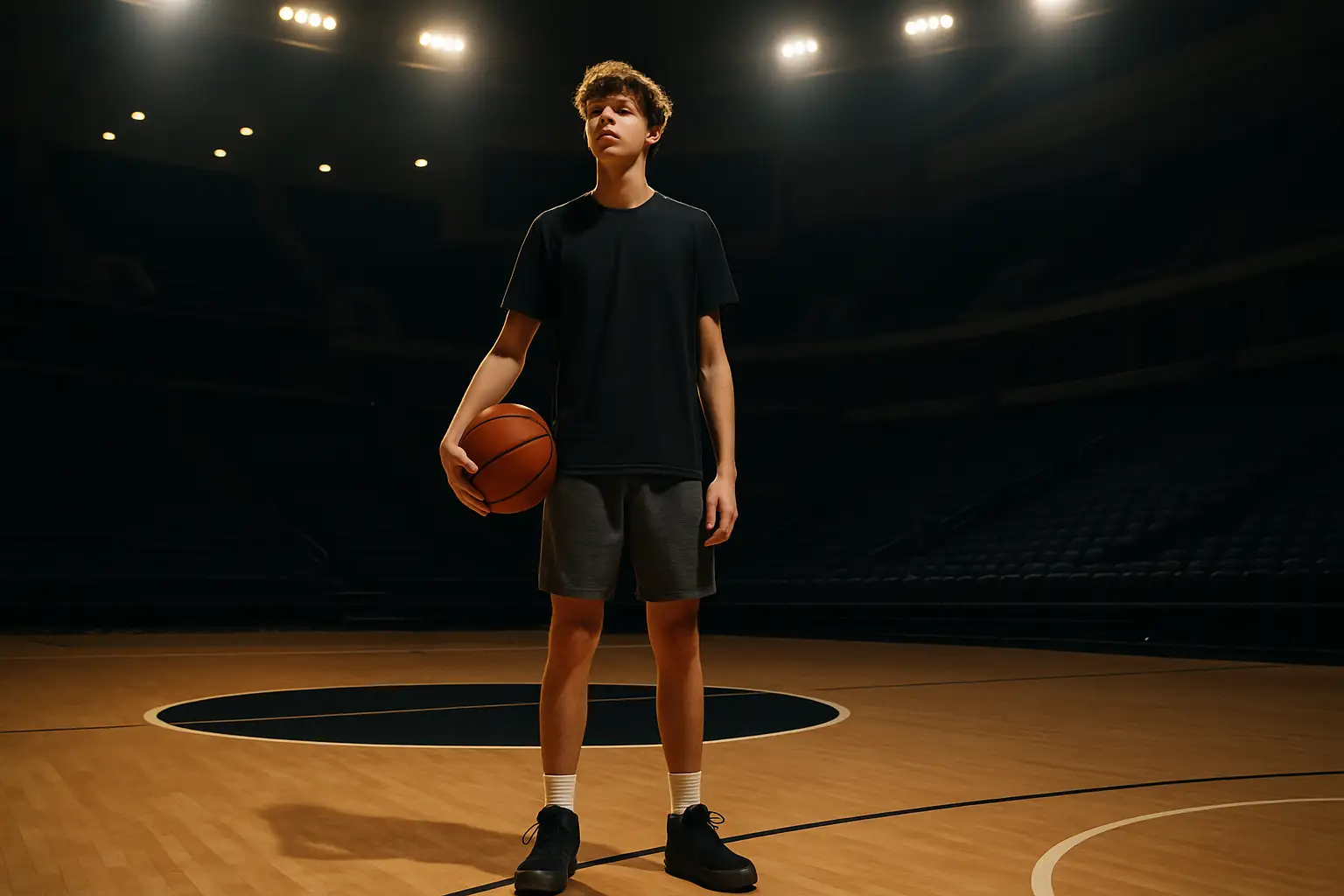 A young basketball player standing on a court in an empty arena, looking toward the basket with determination