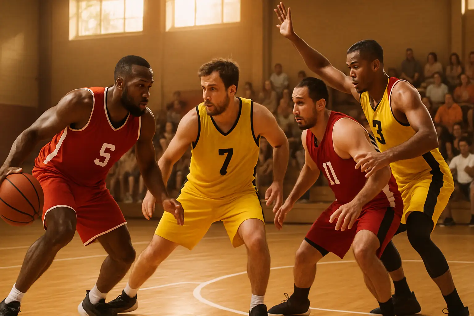 Basketball players in alumni jerseys competing in a summer tournament game