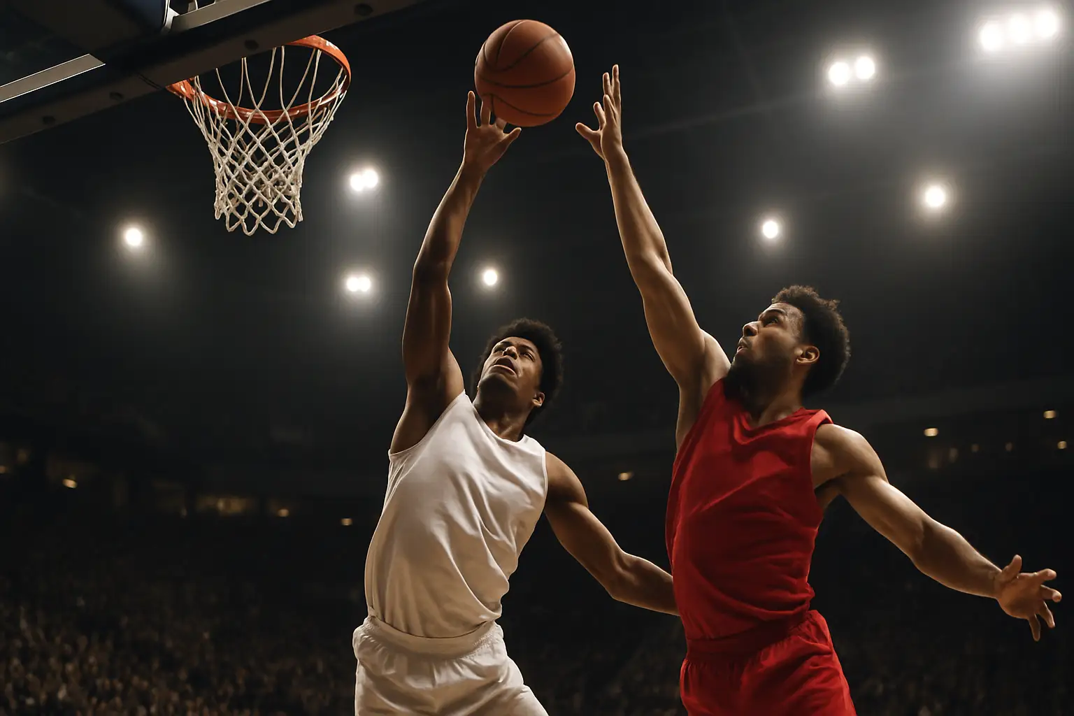 Two college basketball players competing for a rebound in a packed indoor arena