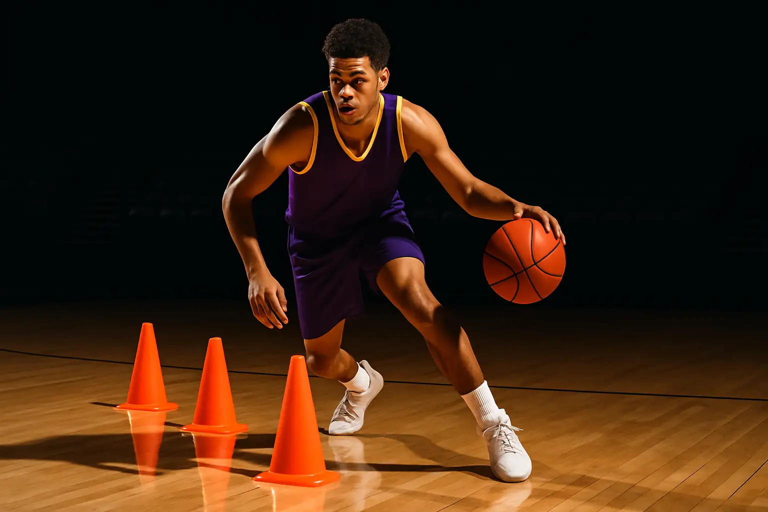 A basketball player in a college uniform dribbling on an indoor court during practice