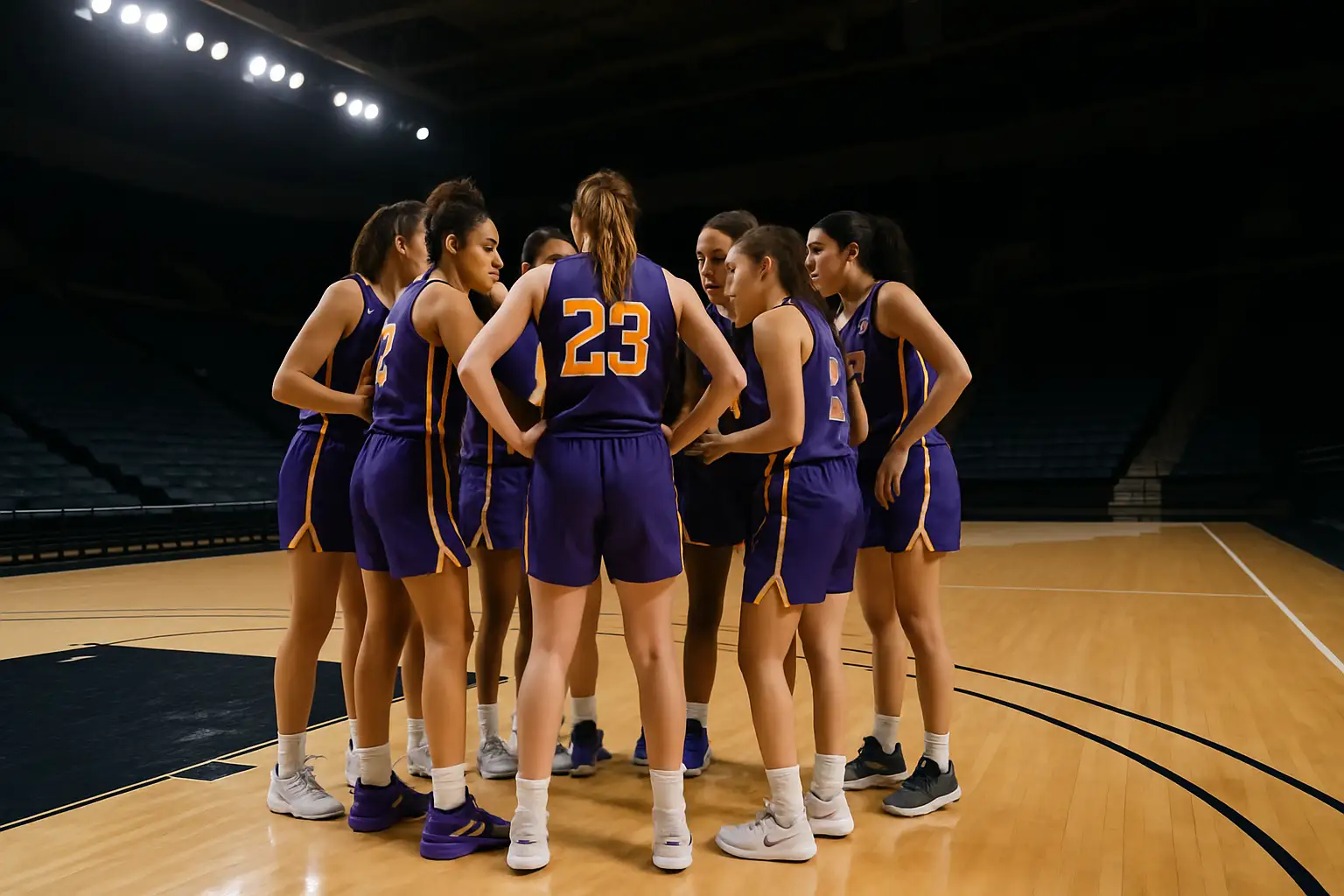 LSU women's basketball players gathered on court during practice in the Pete Maravich Assembly Center