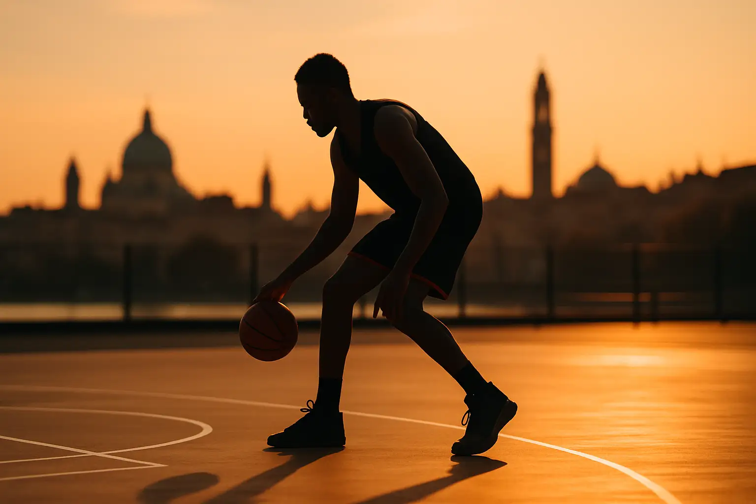 Basketball player dribbling on an outdoor court at sunset with an international cityscape in the background
