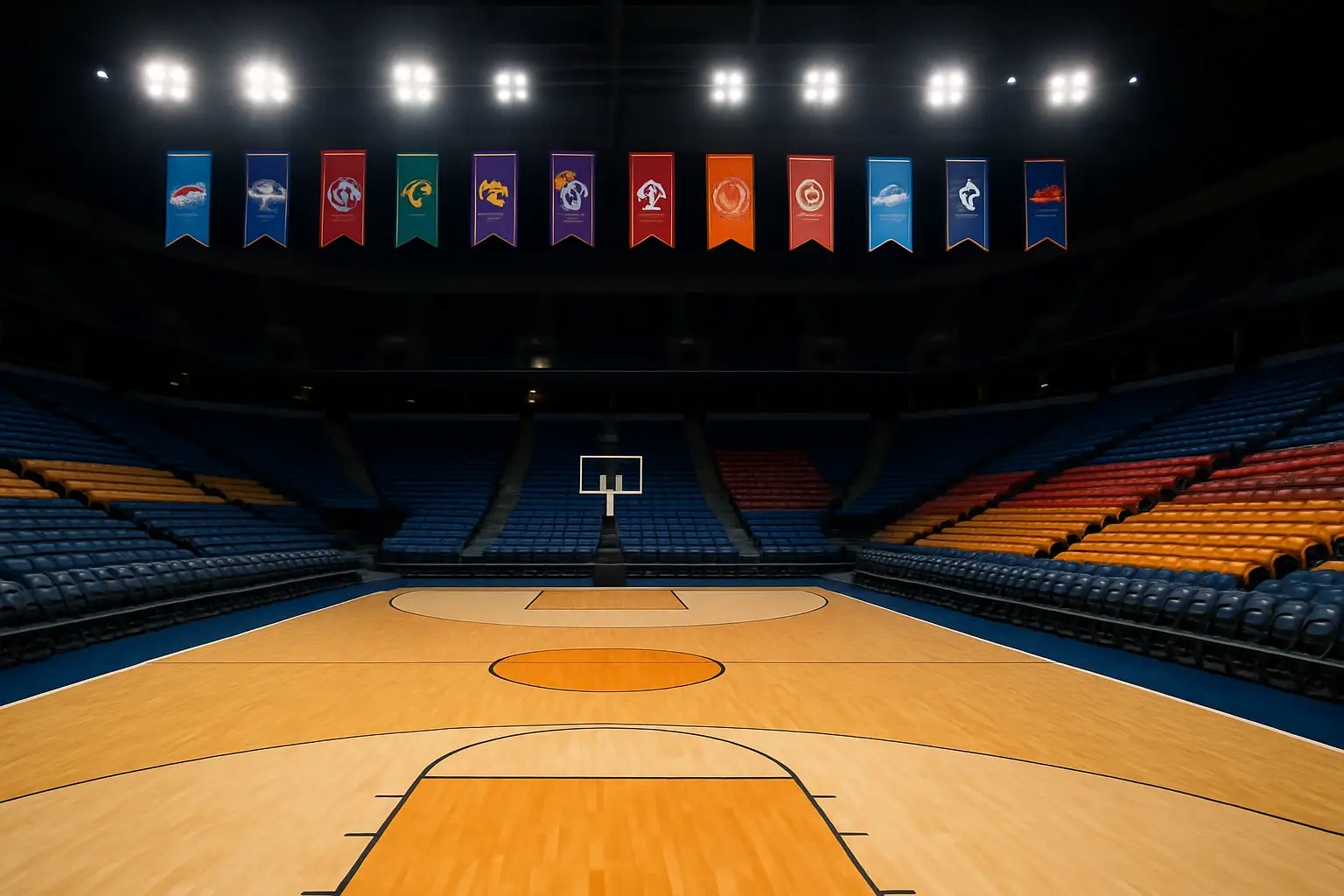 Basketball court with conference tournament banners hanging in an arena