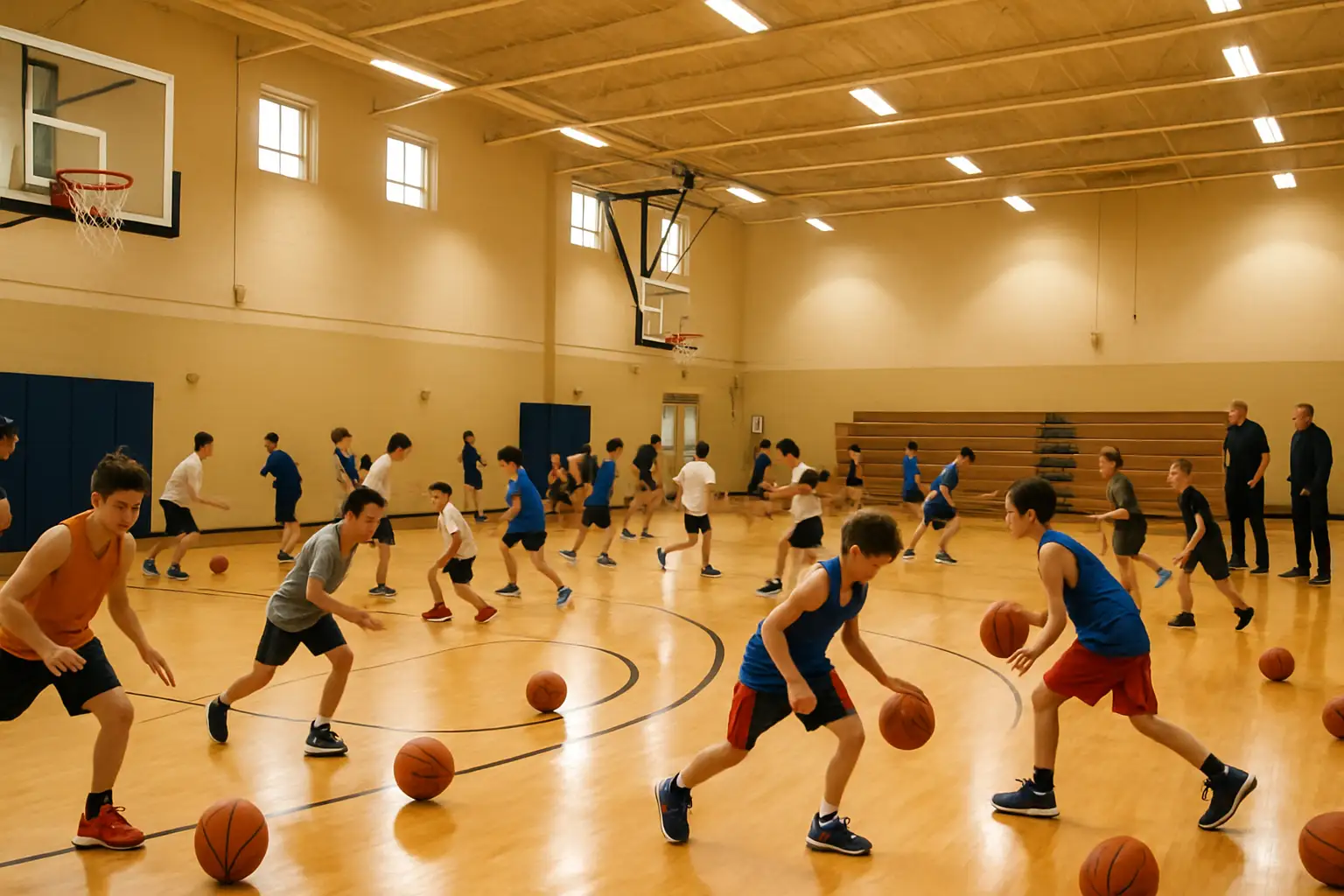 A youth basketball camp on an indoor court with young players practicing dribbling drills