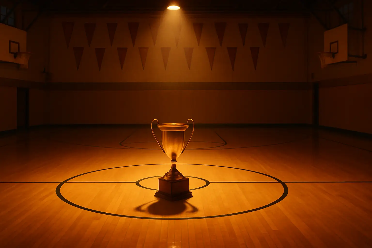 Basketball court with a spotlight shining on a vintage-style trophy and a pair of worn coaching shoes