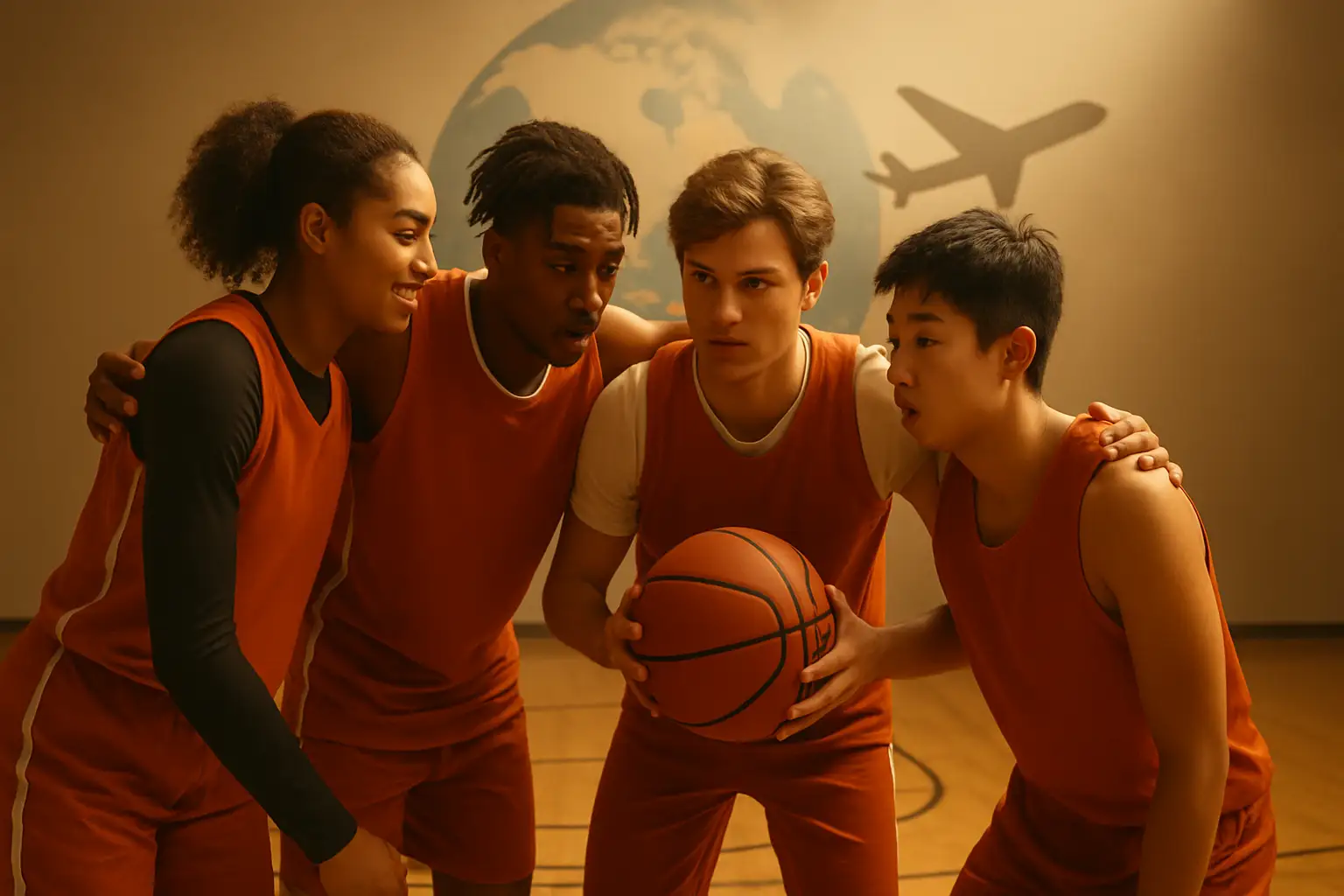 A college basketball team gathered on a court with a world map and airplane in the background, representing an international travel opportunity