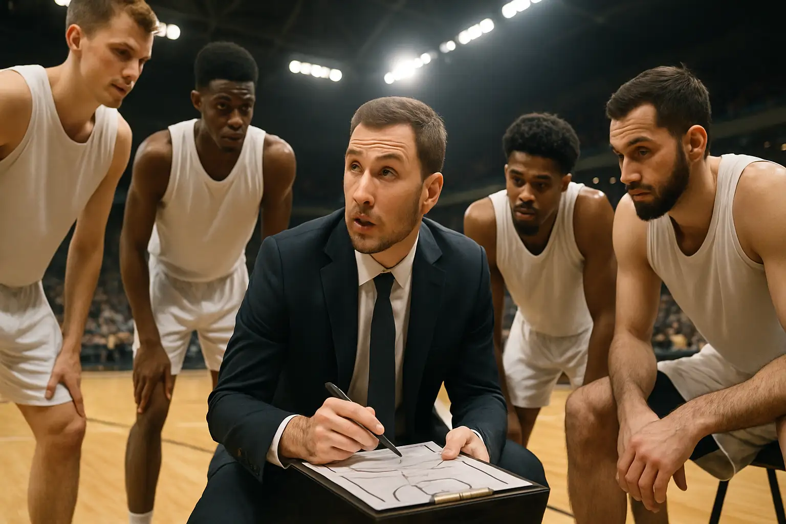 A basketball coach drawing up plays on a clipboard during a timeout on a professional court