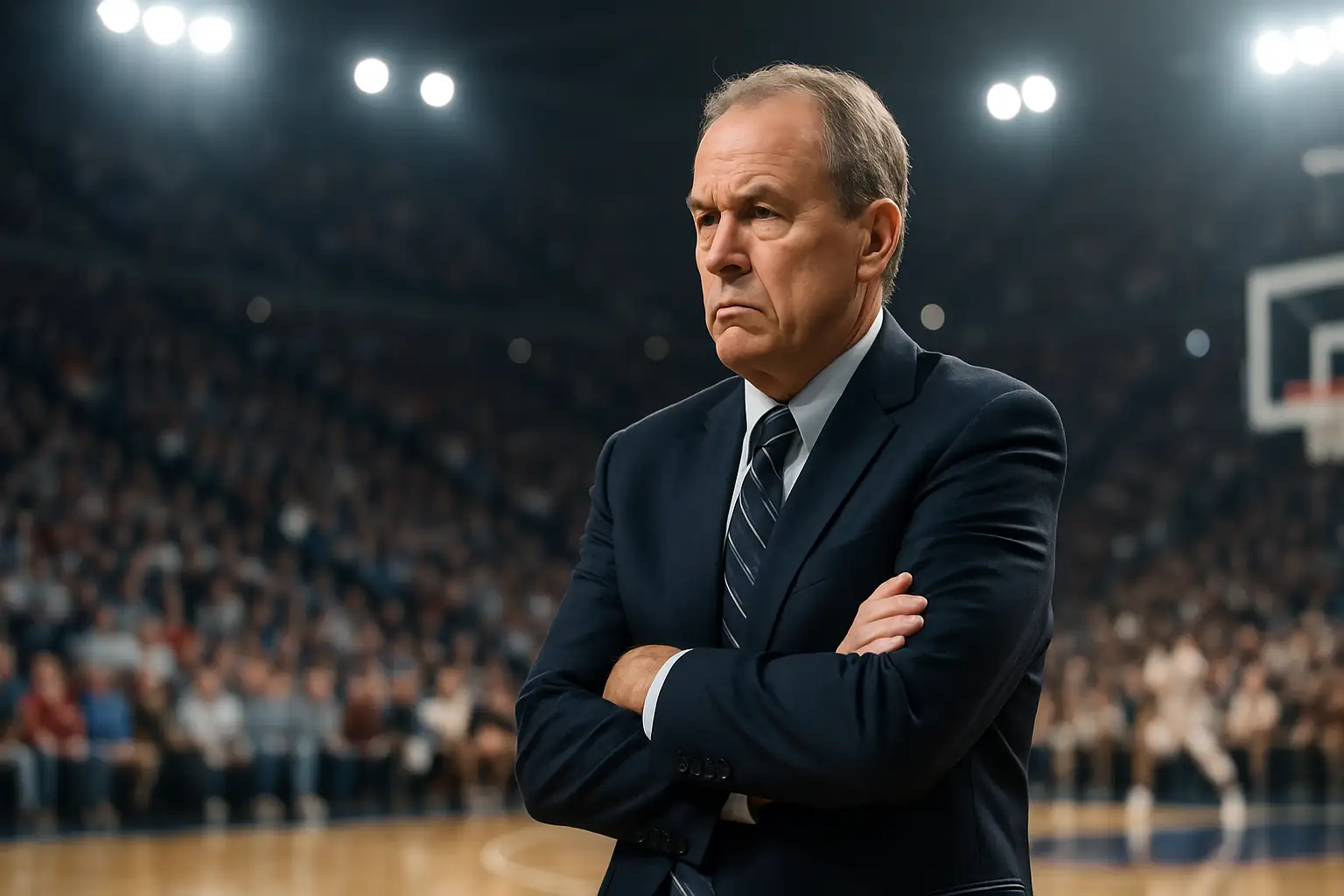 A basketball coach standing on a court during a college basketball game, looking toward the scoreboard