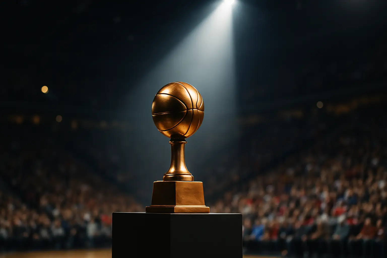 A basketball court with a spotlight shining on a podium holding a bronze trophy, symbolizing a Hall of Fame induction ceremony