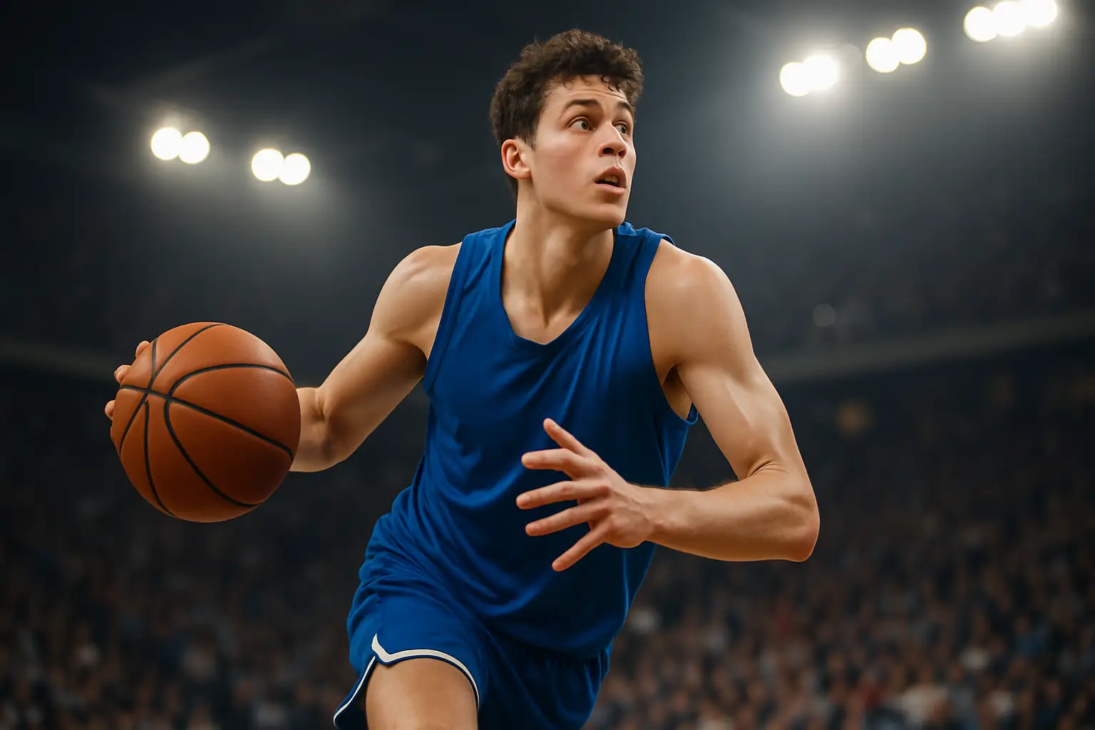 A college basketball forward driving toward the basket in a packed arena