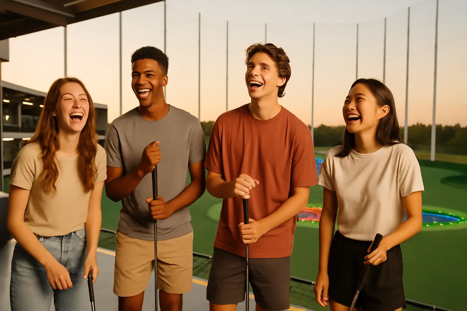 College basketball players gathered at a Topgolf venue during a team outing