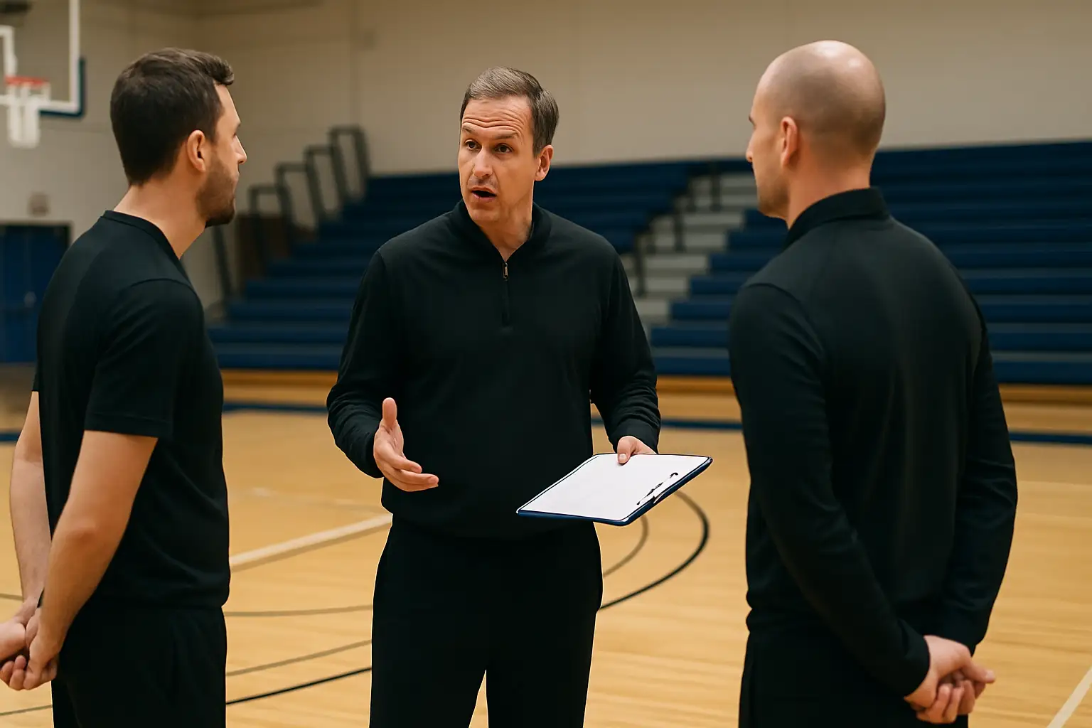 Montana State basketball coaching staff in a huddle during practice
