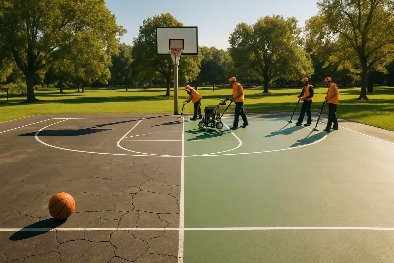 Aerial view of a public park basketball court with faded lines awaiting resurfacing