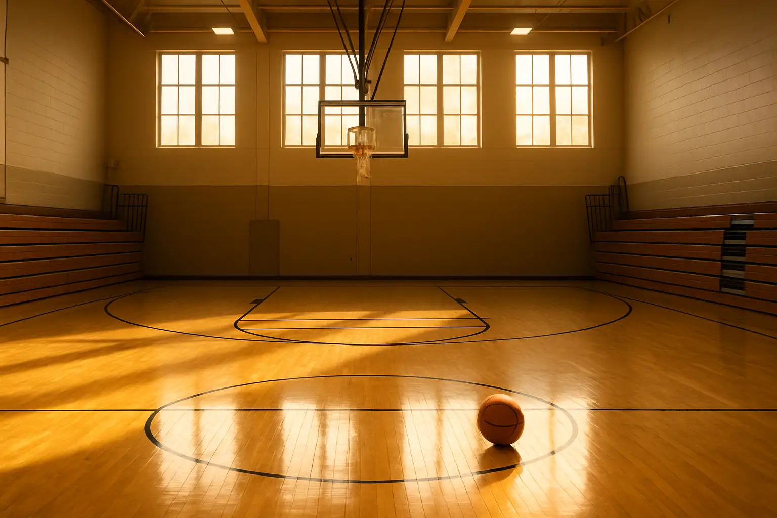 Basketball court at a community college gymnasium in Arizona with sunlight streaming through windows