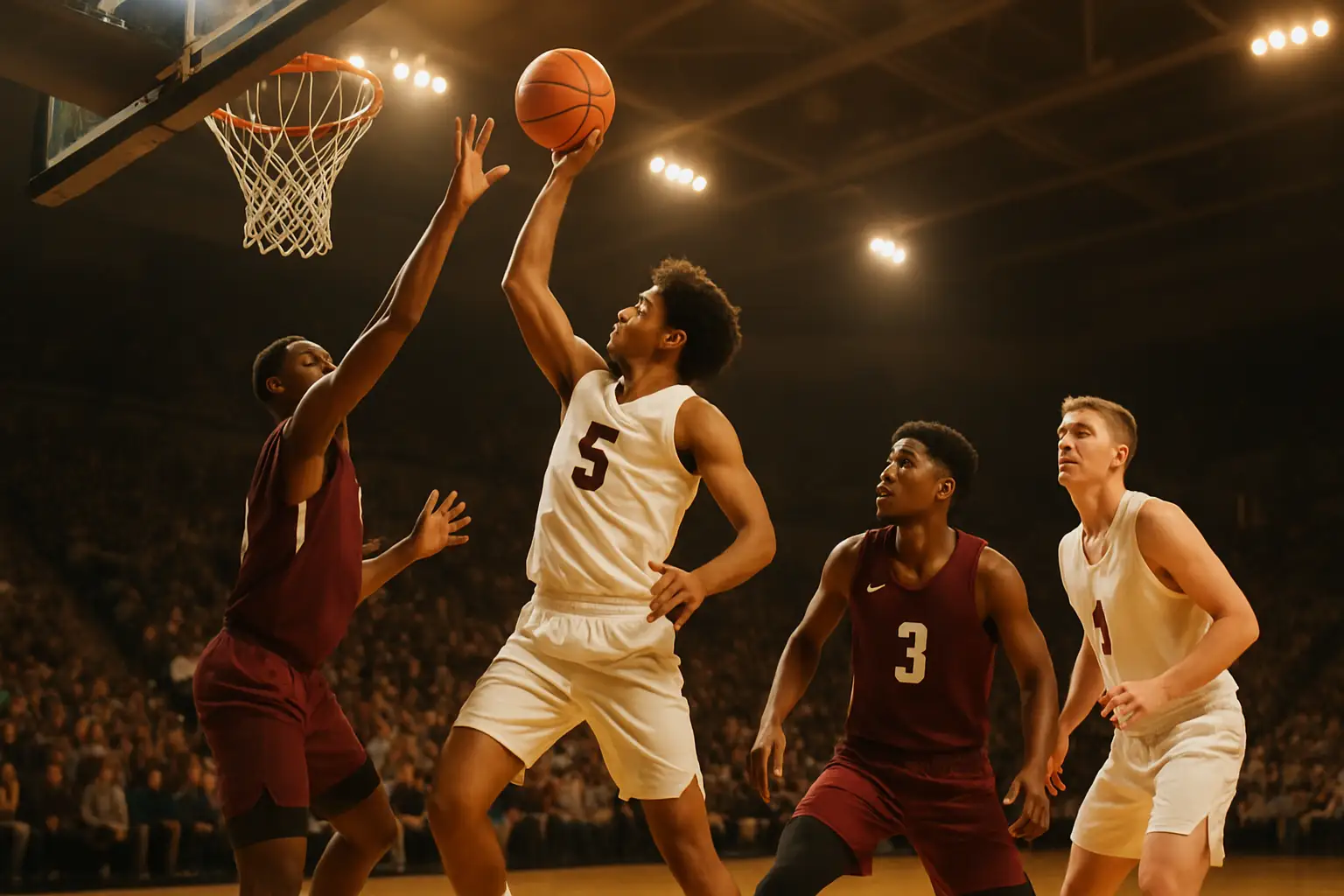College basketball players competing in a Metro Conference game inside an arena