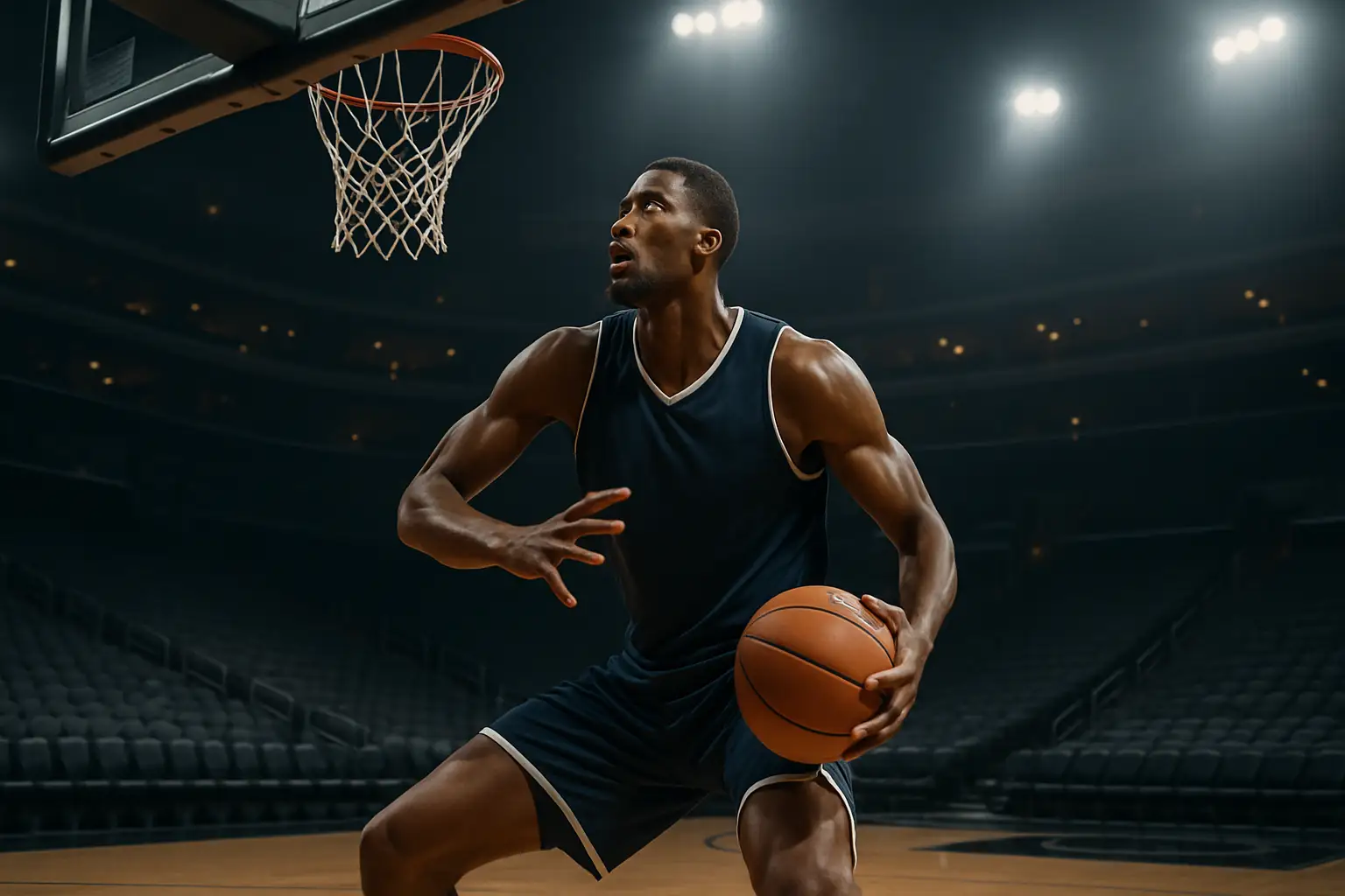 A basketball player in a white jersey prepares to shoot near the paint in an NBA arena