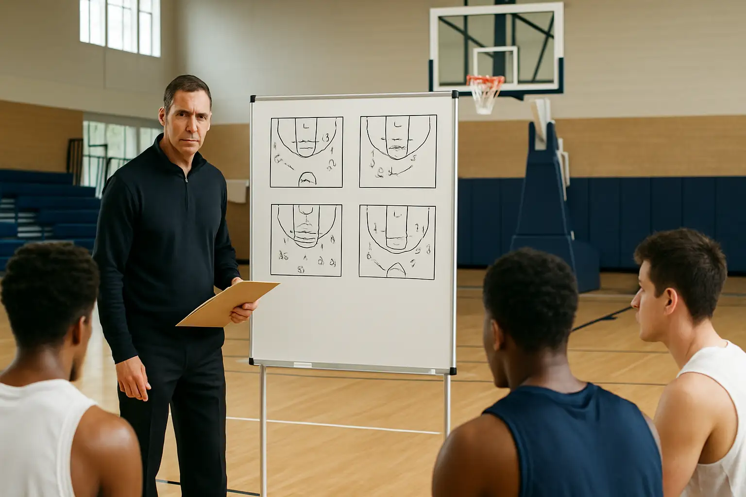 A basketball coach drawing up plays on a whiteboard in a university gym